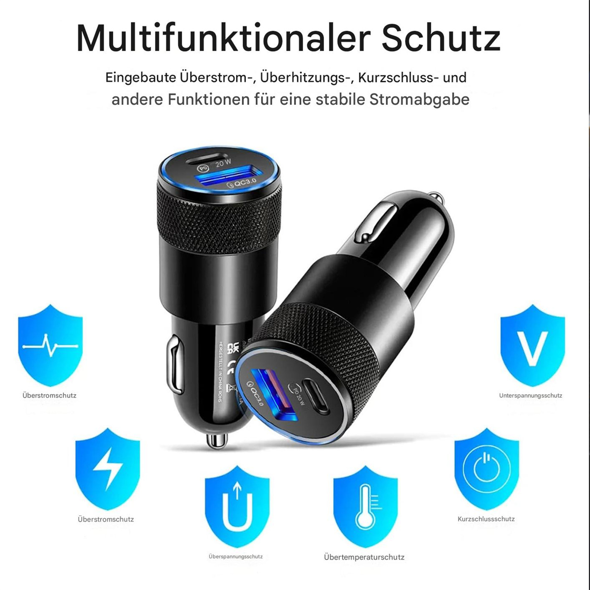 Zwei schwarze Autoladegeräte. Symbole zeigen Schutzfunktionen. Text auf Deutsch beschreibt Schutzfunktionen.