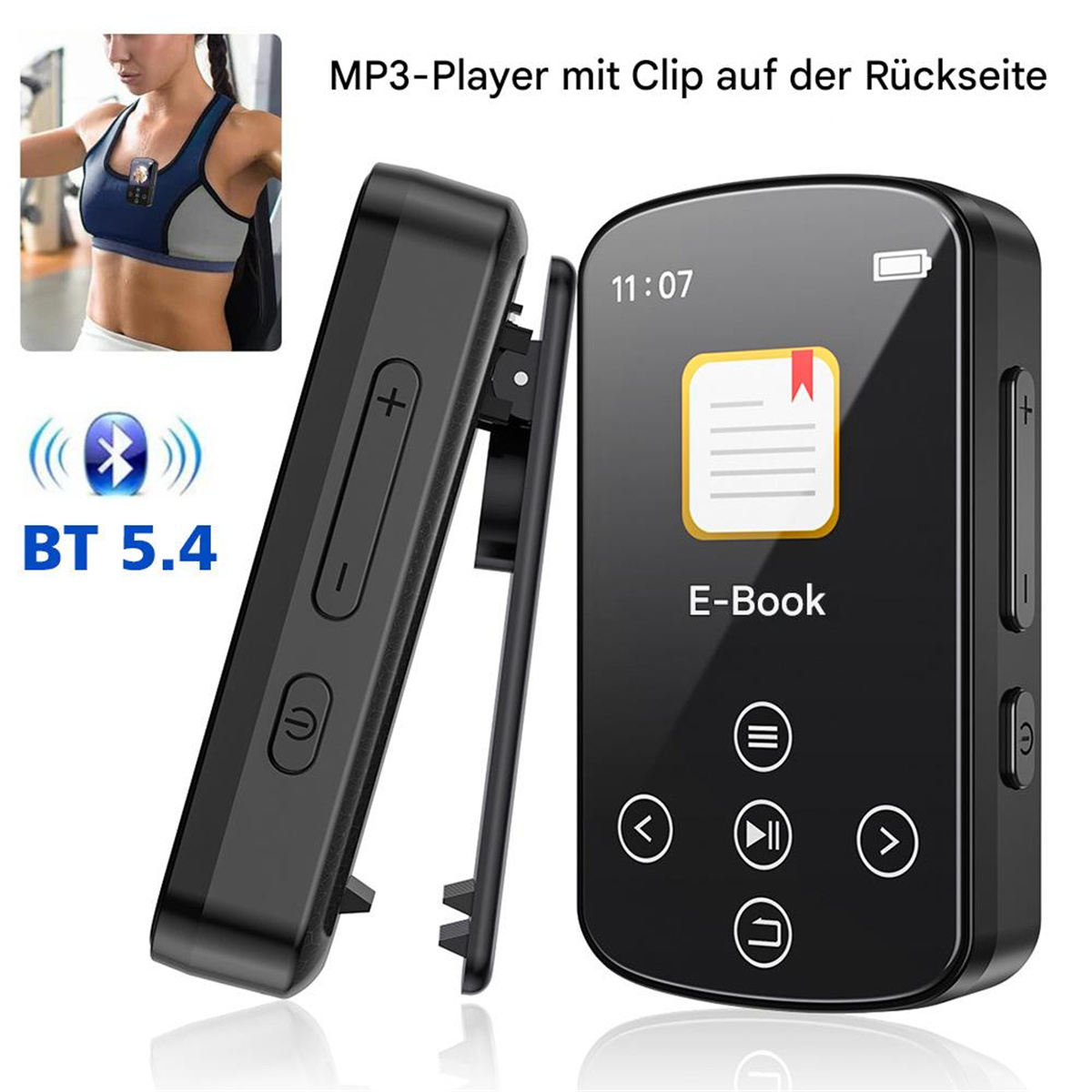 Schwarzer MP3-Player mit Clip, Bluetooth-Logo und E-Book-Bildschirm. Der Player ist neben einem Clip.
