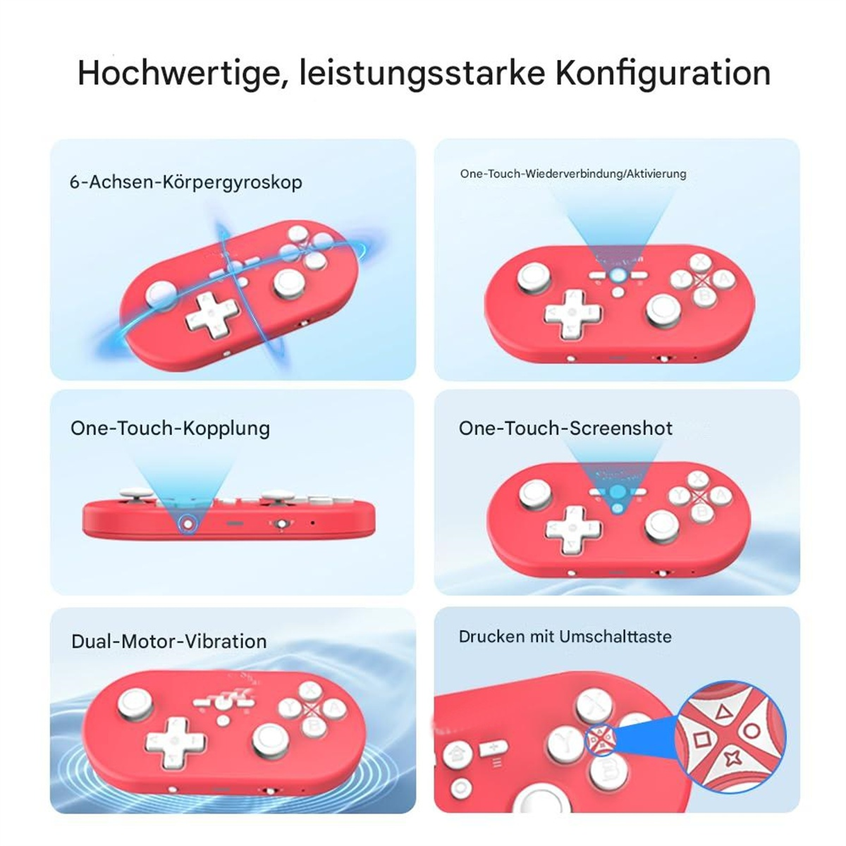 Diagramm mit Funktionen eines roten Controllers: Bewegungserkennung, One-Touch-Kopplung, Screenshot und Vibration.