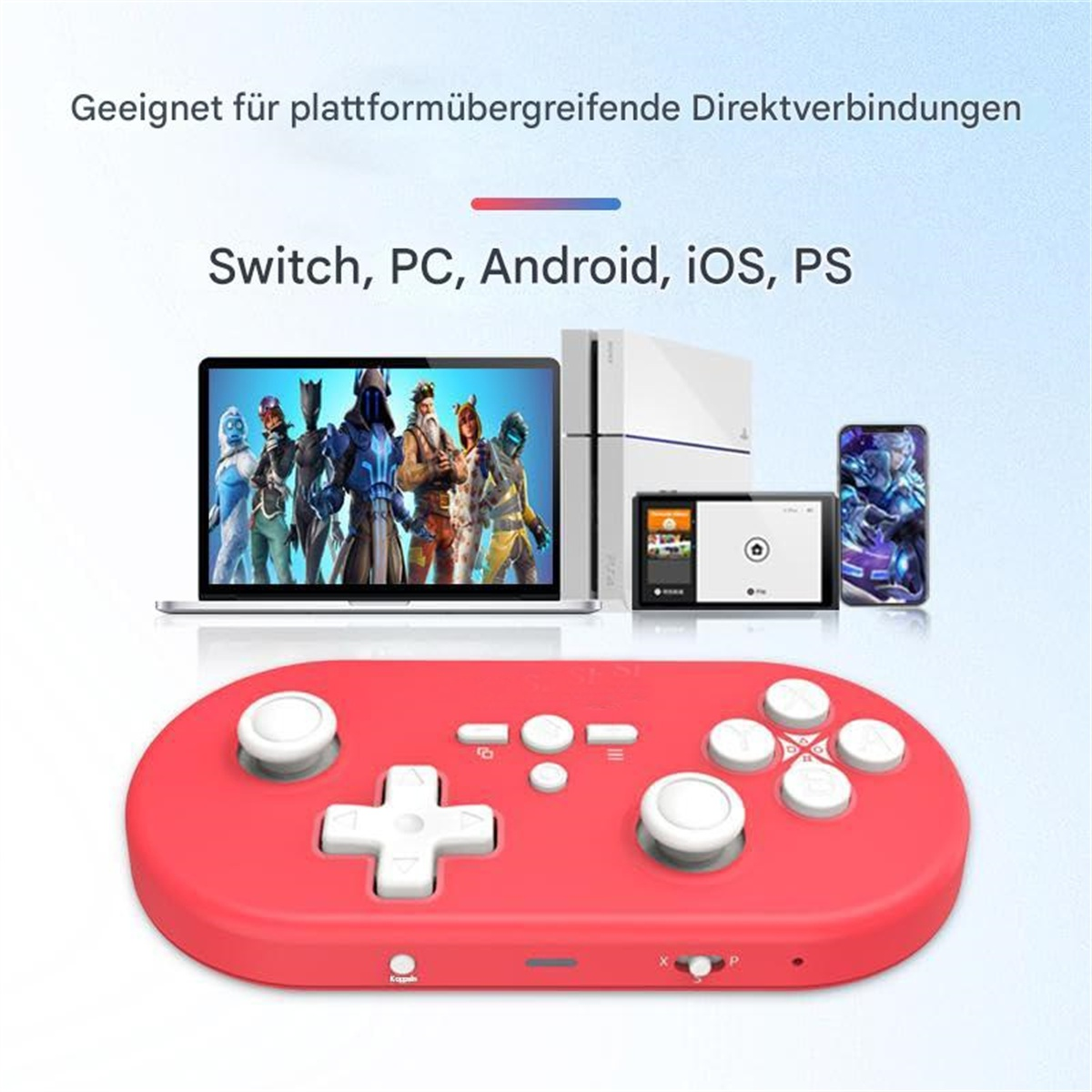 Ein rotes Gamepad mit weißen Knöpfen. Ein Laptop, eine Konsole und ein Telefon werden angezeigt. Text oben sagt Switch, PC usw.