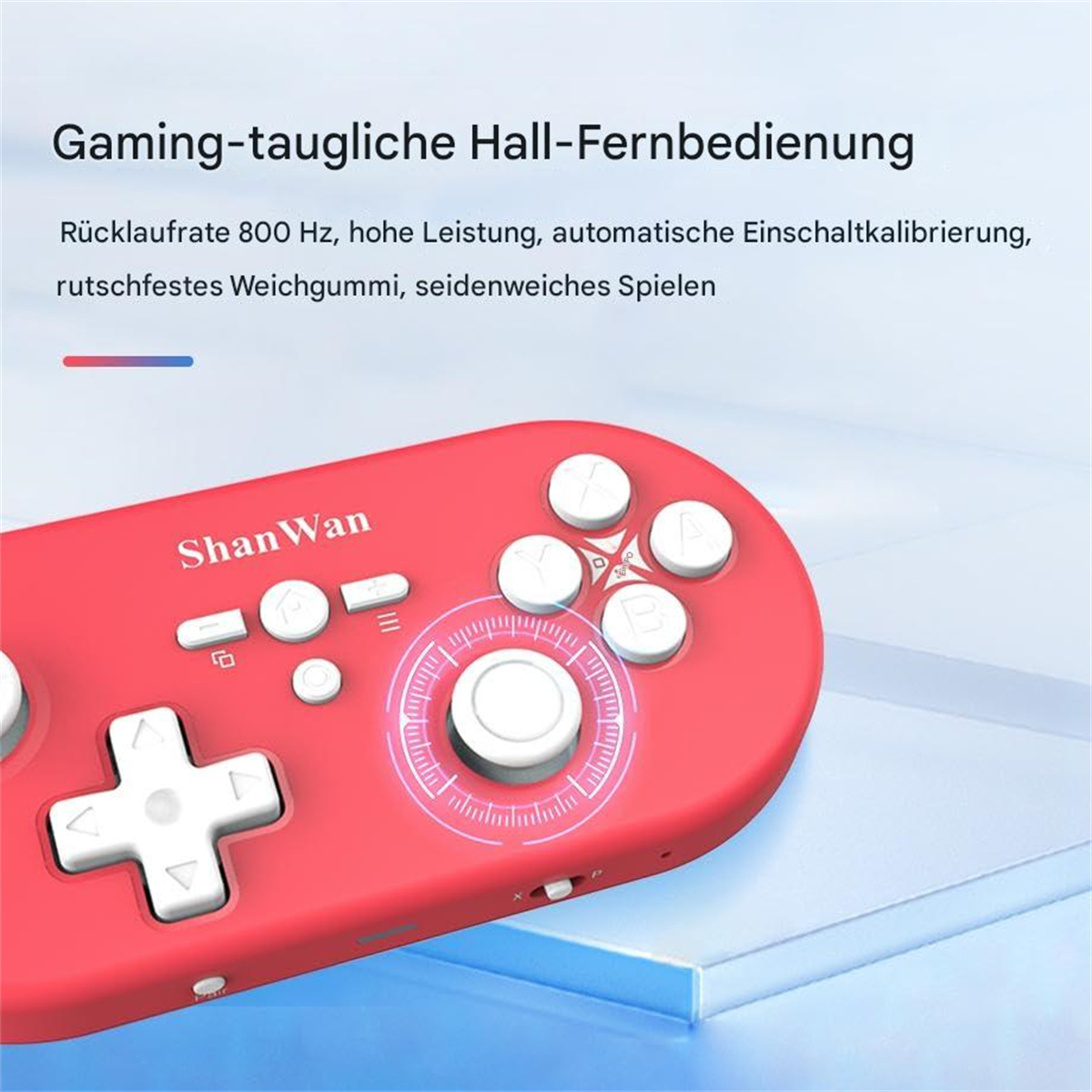 Ein rotes Gamepad mit weißen Knöpfen. Das Gerät hat ein kreisförmiges Zifferblatt. Der Text oben lautet: Gaming-freundliche Fernbedienung.