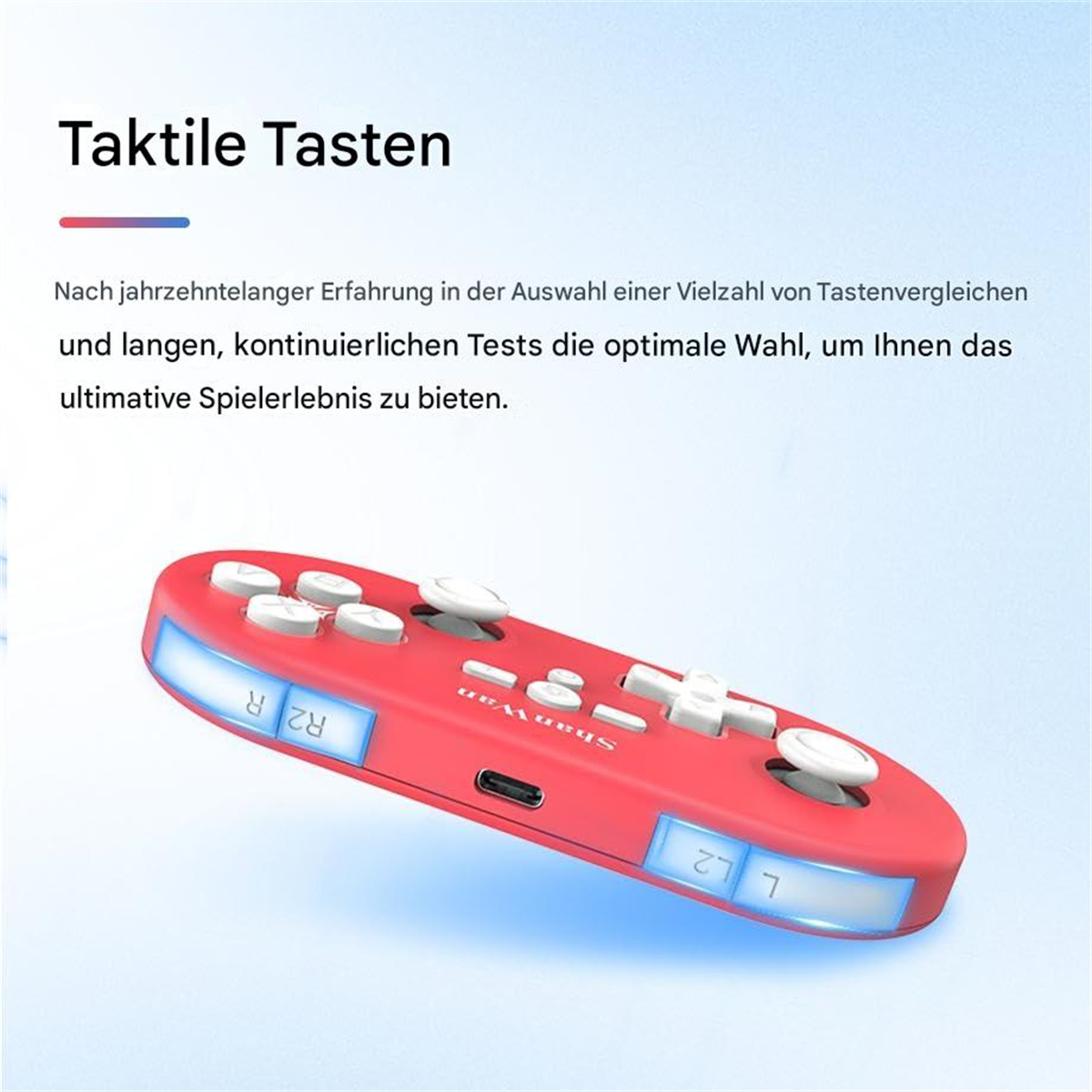 Ein roter Gamecontroller mit beleuchteten Kanten wird gezeigt. Der Text hebt taktile Tasten und Design hervor.