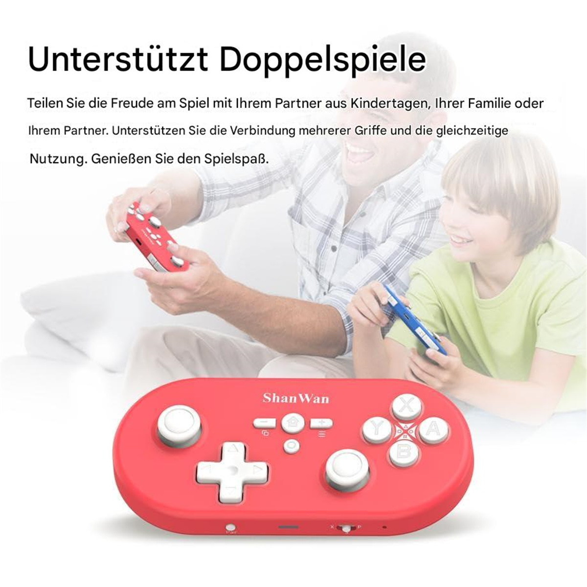 Ein roter Gamecontroller und zwei Personen mit Controllern. Einer ist rot, der andere blau.