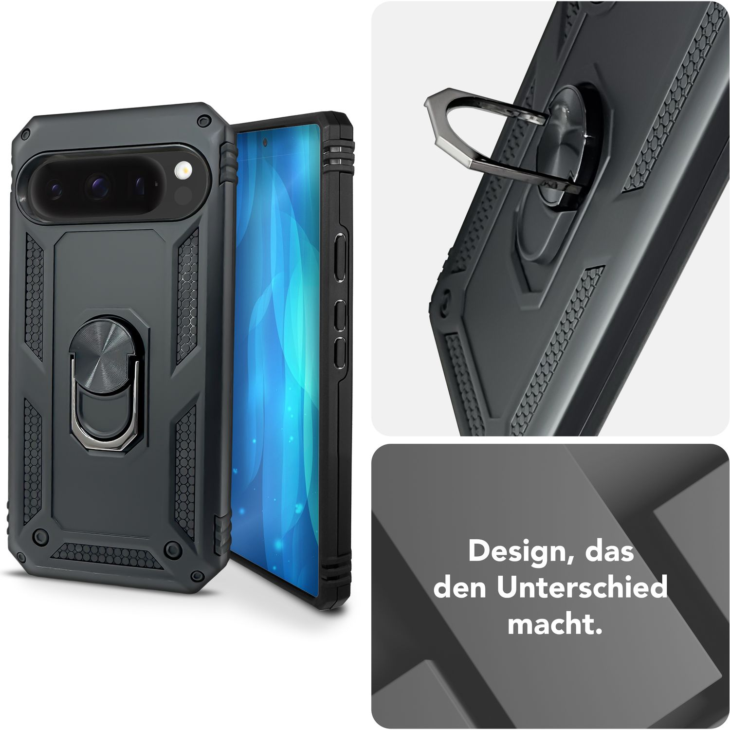 Custodia per telefono con anello di supporto. L'immagine mostra il design della custodia e del telefono.