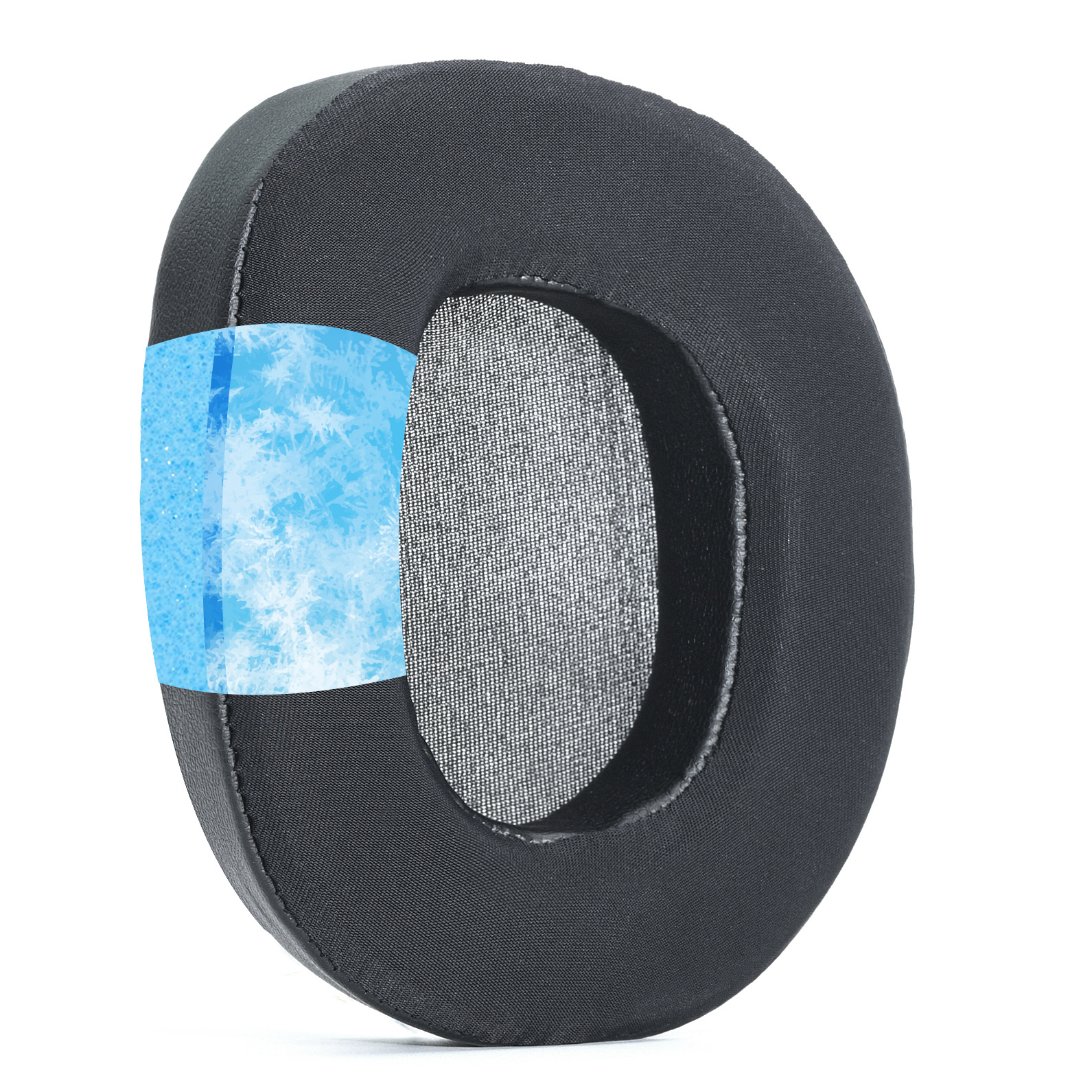 Cuscinetto auricolare nero con inserto in gel rinfrescante blu. Il cuscinetto è in tessuto morbido e strutturato.