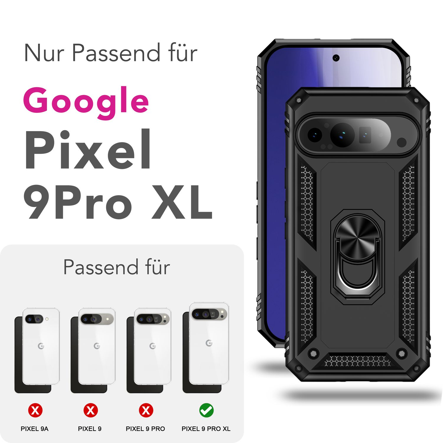 Custodia nera con anello, compatibile con Google Pixel 9 Pro XL.