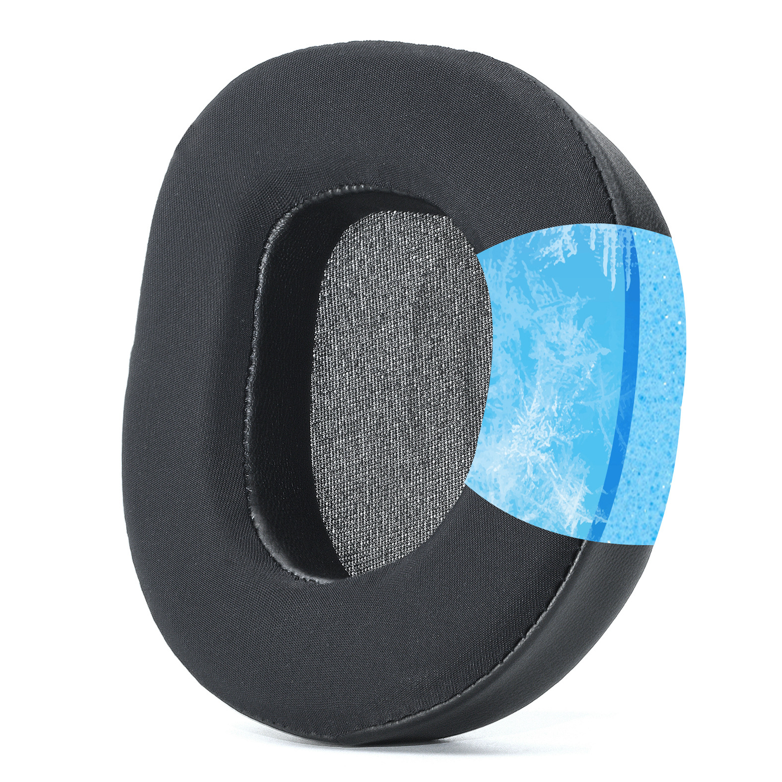 Cuscinetto auricolare nero con inserto in gel rinfrescante blu. Il cuscinetto ha una forma rotonda.