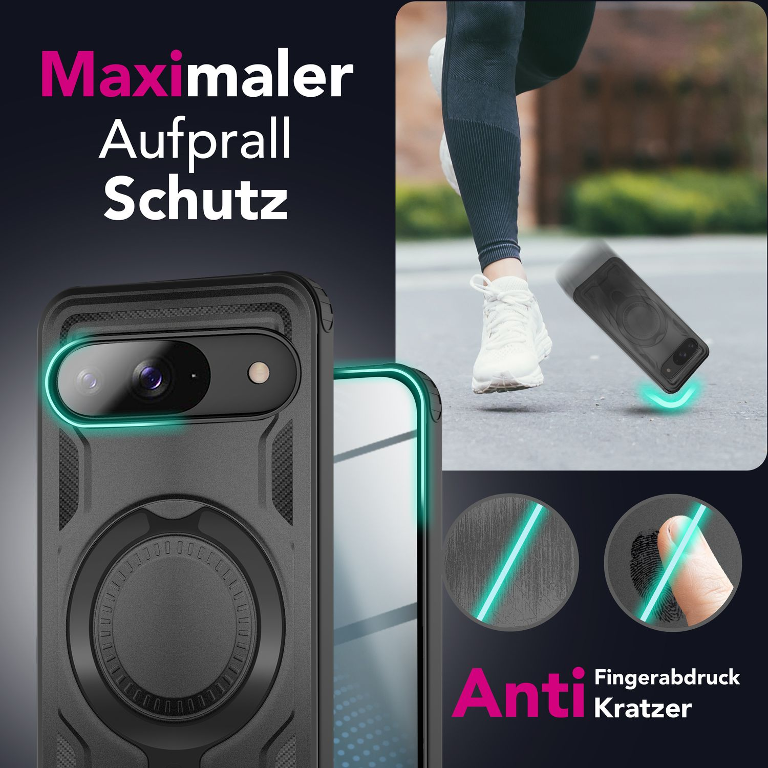 Schwarze Handyhülle mit einem Telefon und einer rennenden Person. Die Hülle hat einen Ringhalter und einen Displayschutz.