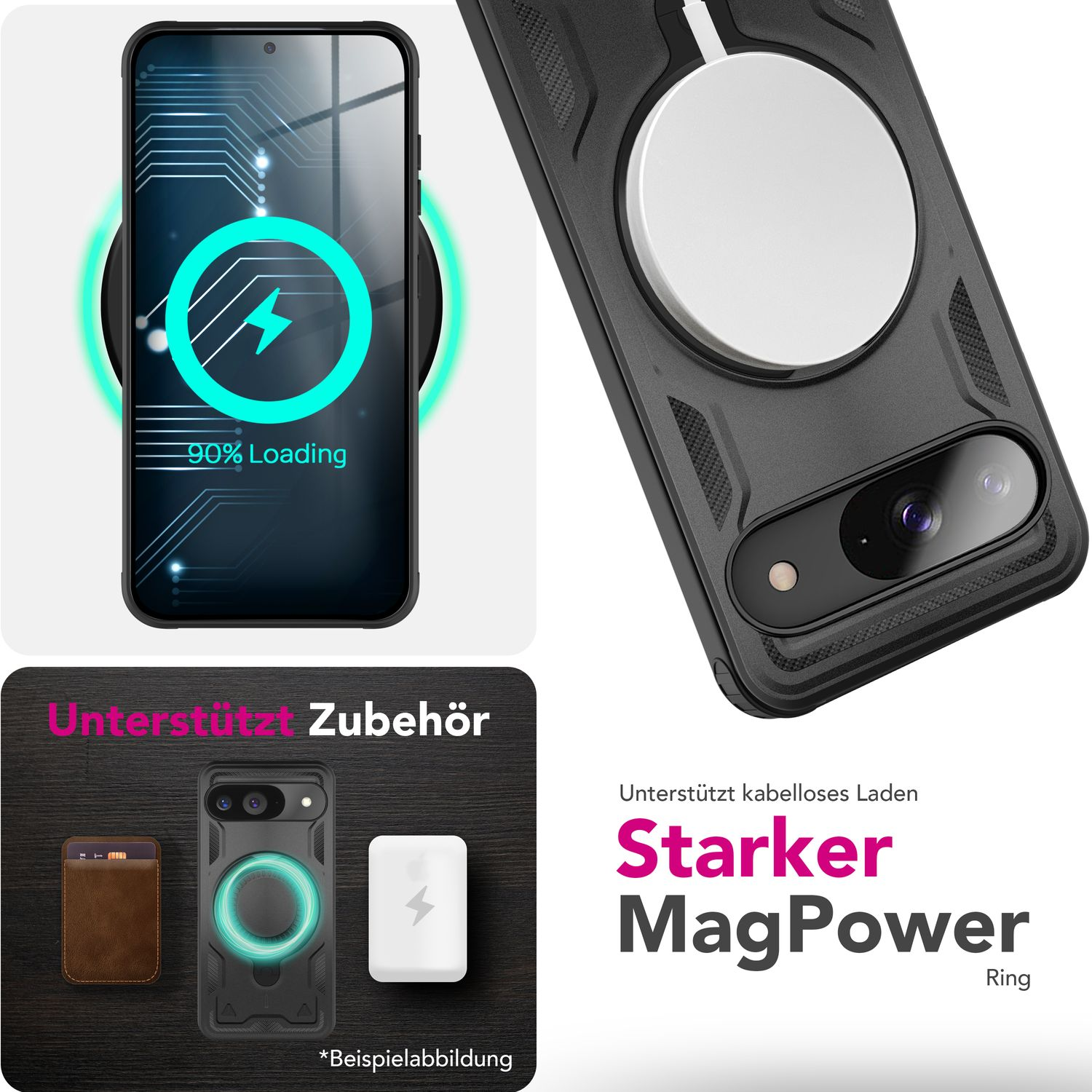 Telefon mit Ladesymbol, schwarze Hülle mit MagPower-Ring. Zubehör gezeigt.