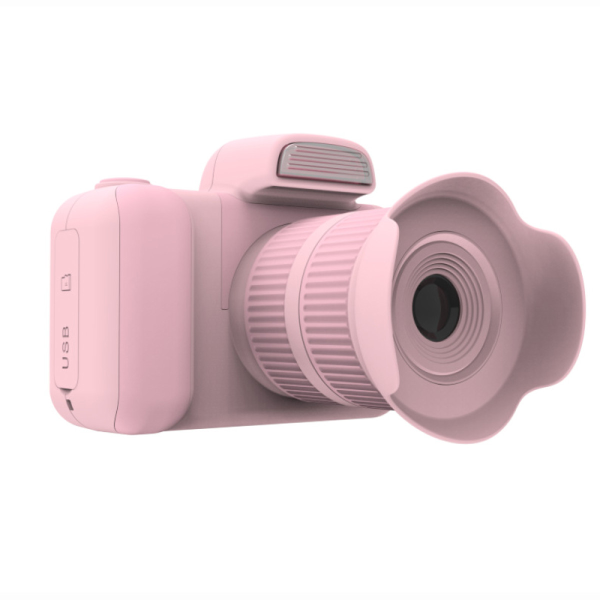 Roze speelgoedcamera met lens en USB-poort. Eenvoudig en schattig ontwerp.