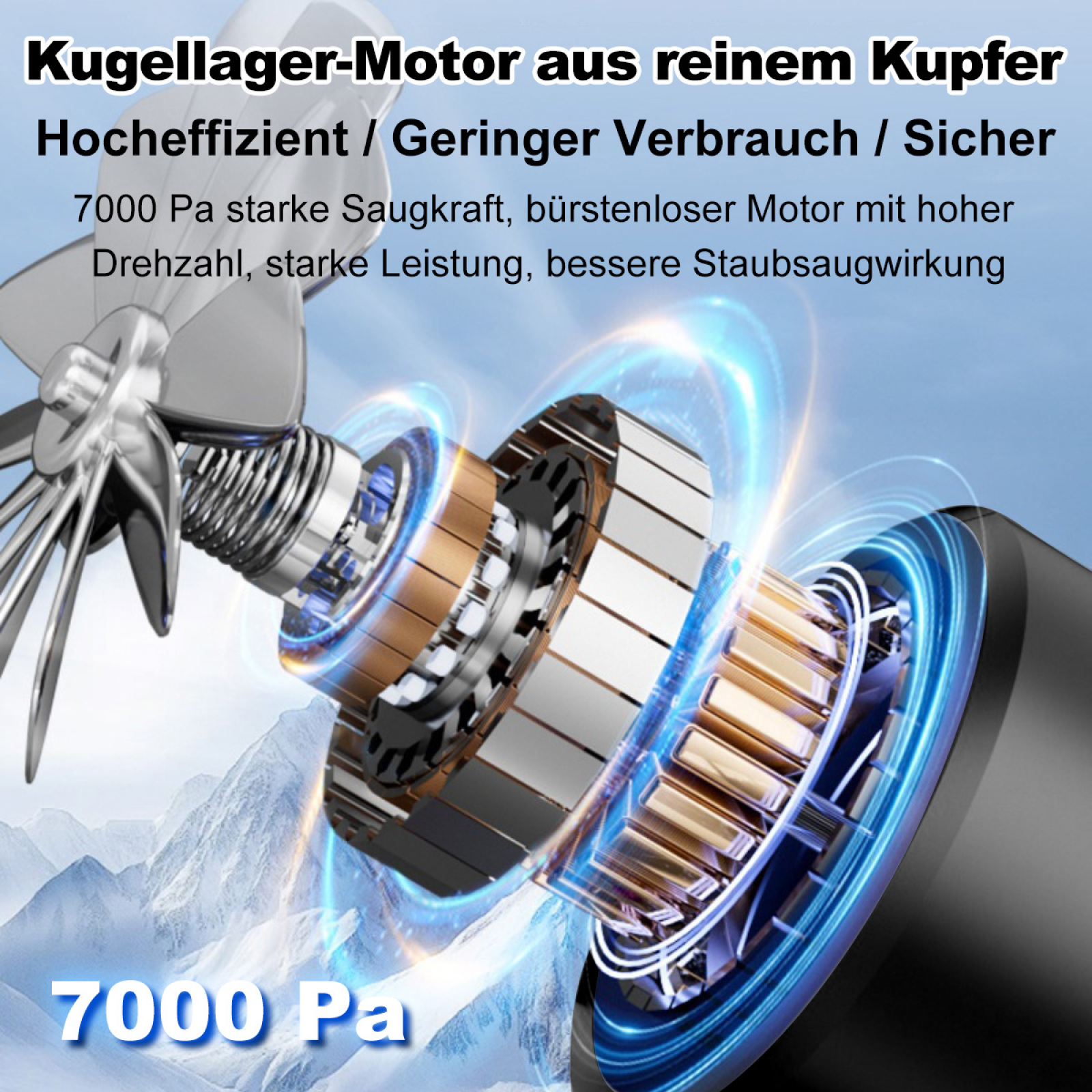 Interne Komponenten eines Motors mit deutschem Text, der die Saugleistung bewirbt.