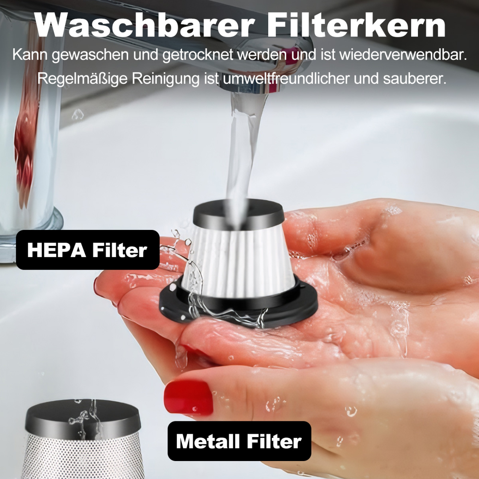 Eine Person wäscht einen Filter für einen Staubsauger. Es gibt einen HEPA-Filter und einen Metallfilter.