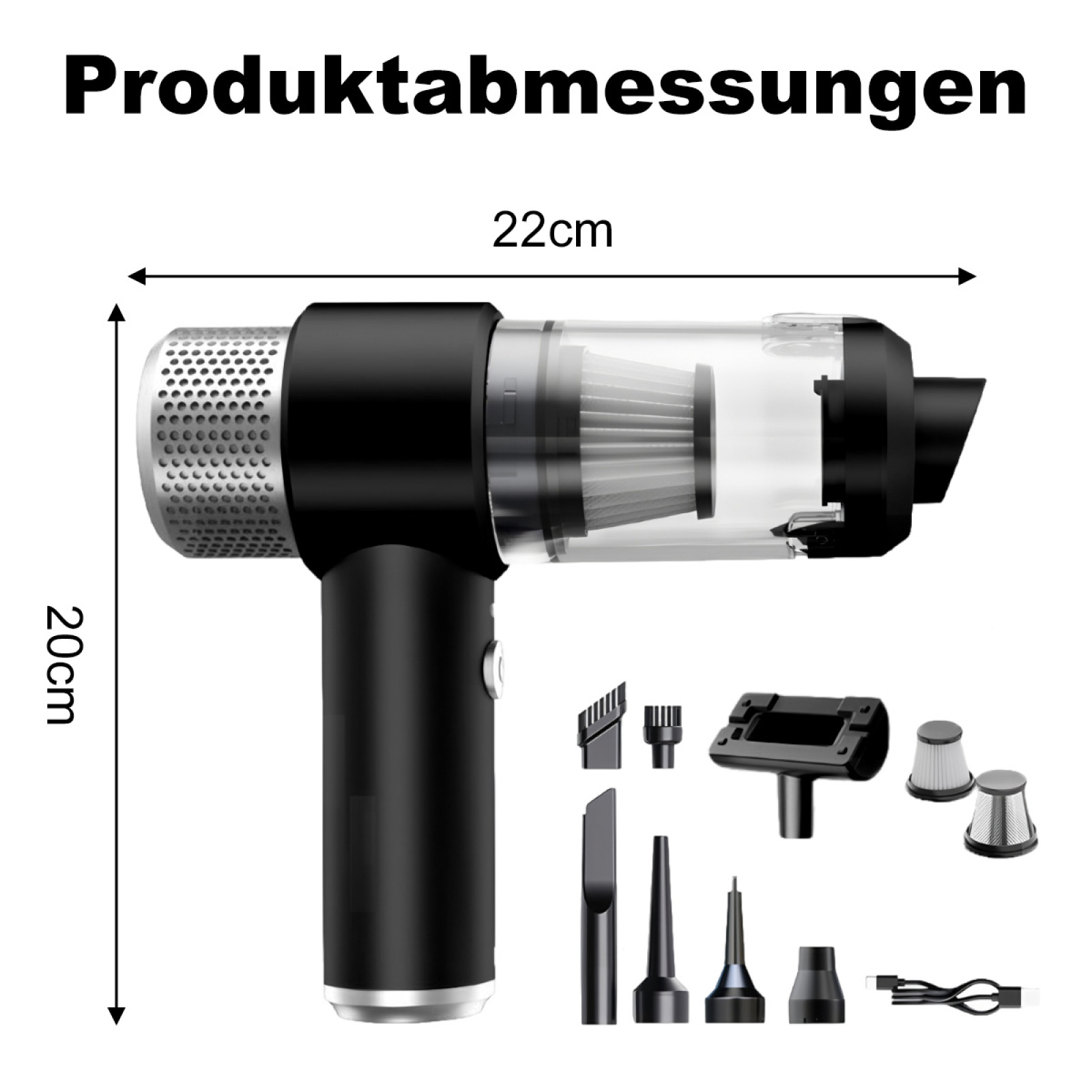 Staubsauger mit Abmessungen und Zubehör. Schwarzes und transparentes Design.