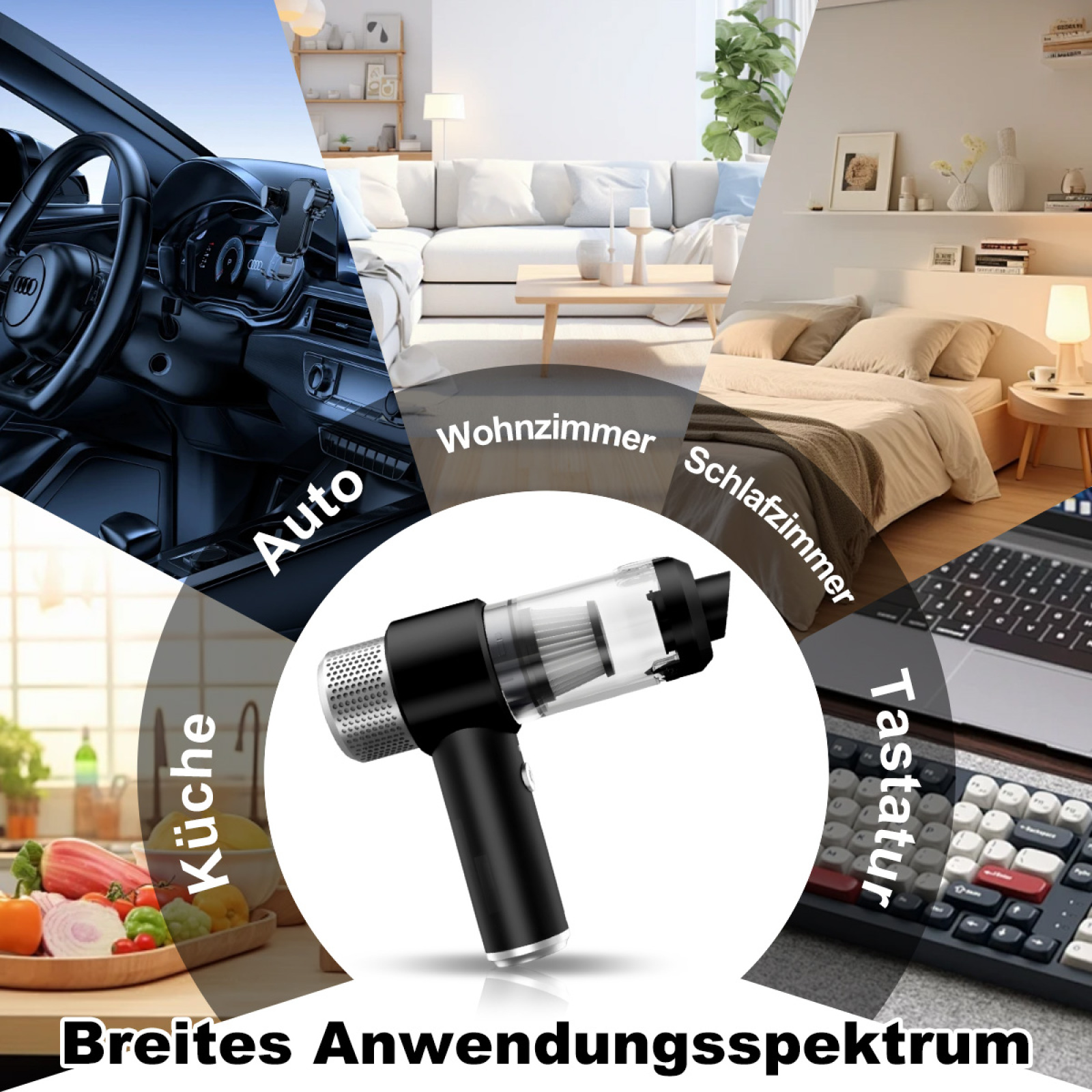 Ein schwarzer Staubsauger wird in verschiedenen Umgebungen gezeigt, darunter ein Auto, eine Küche und ein Schlafzimmer.