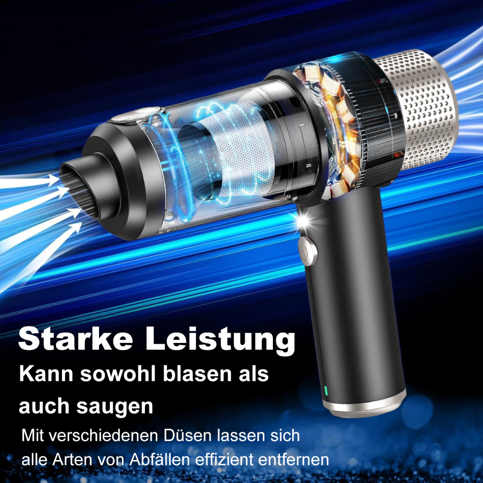 Schwarzer Staubsauger mit blauen Lichteffekten. Text, der starke Leistung bewirbt.
