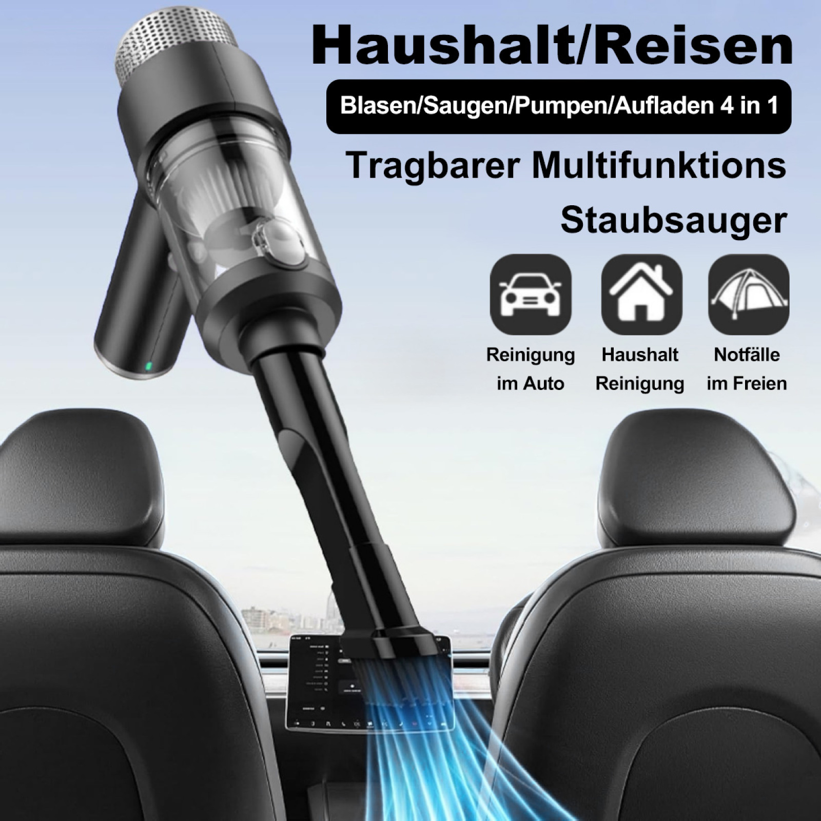 Ein schwarzer Staubsauger wird in einem Auto verwendet. Das Bild zeigt den Innenraum des Autos.