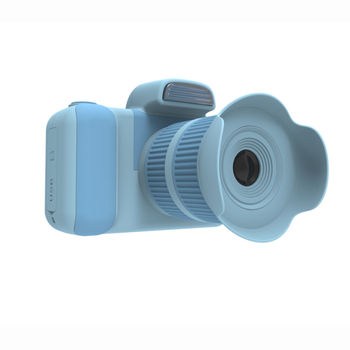 Een lichtblauwe camera met een flitser en een zonnekap, geïsoleerd op een witte achtergrond.