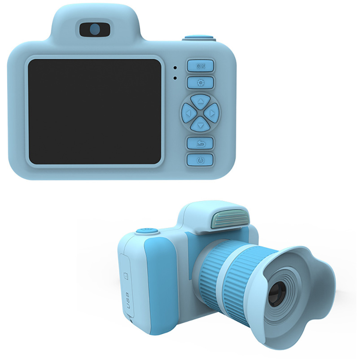 Twee lichtblauwe camera's, één die de achterkant laat zien, de ander de voorkant met een zonnekap.