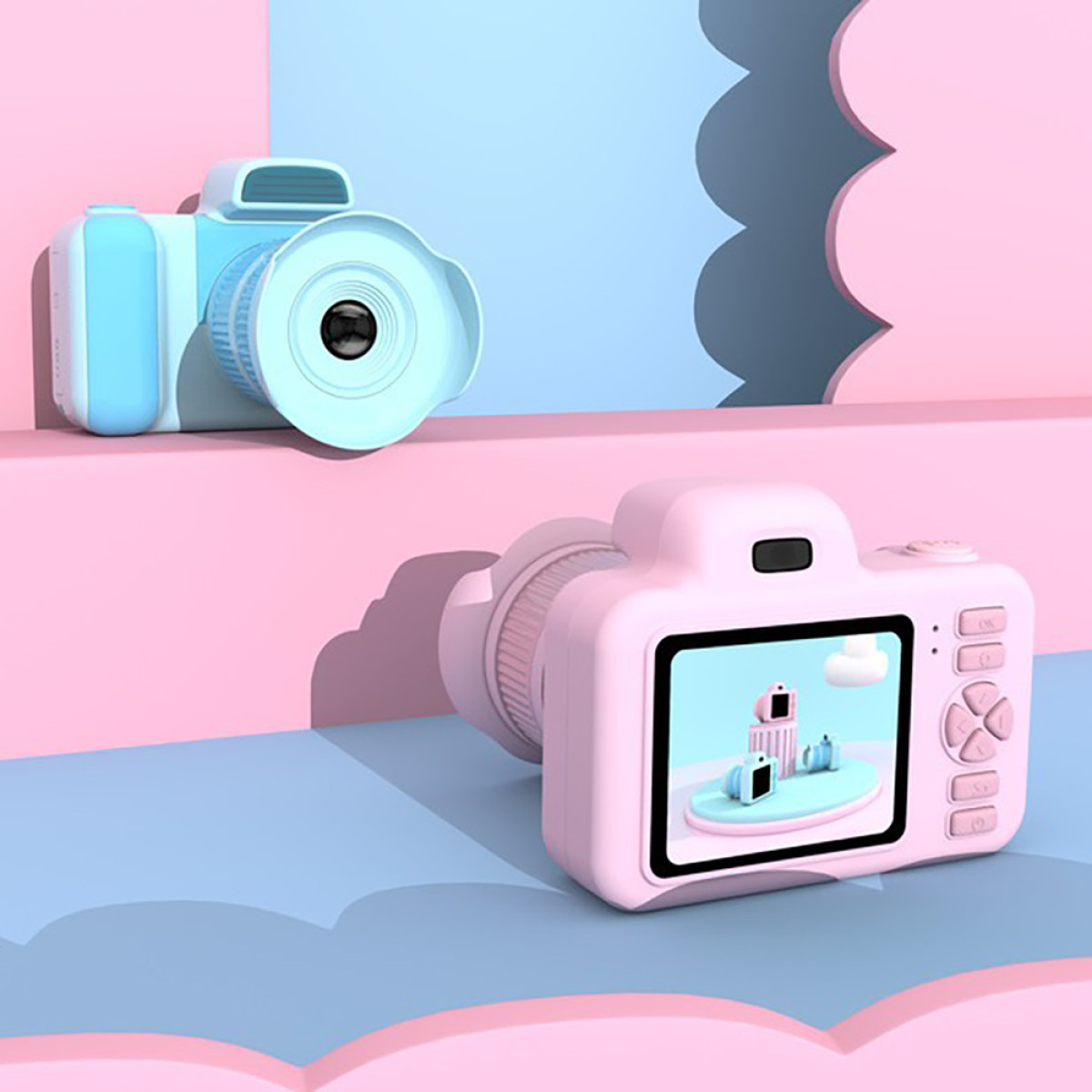 Twee speelgoedcamera's, één lichtblauw, de andere roze, met een kleurrijke achtergrond.