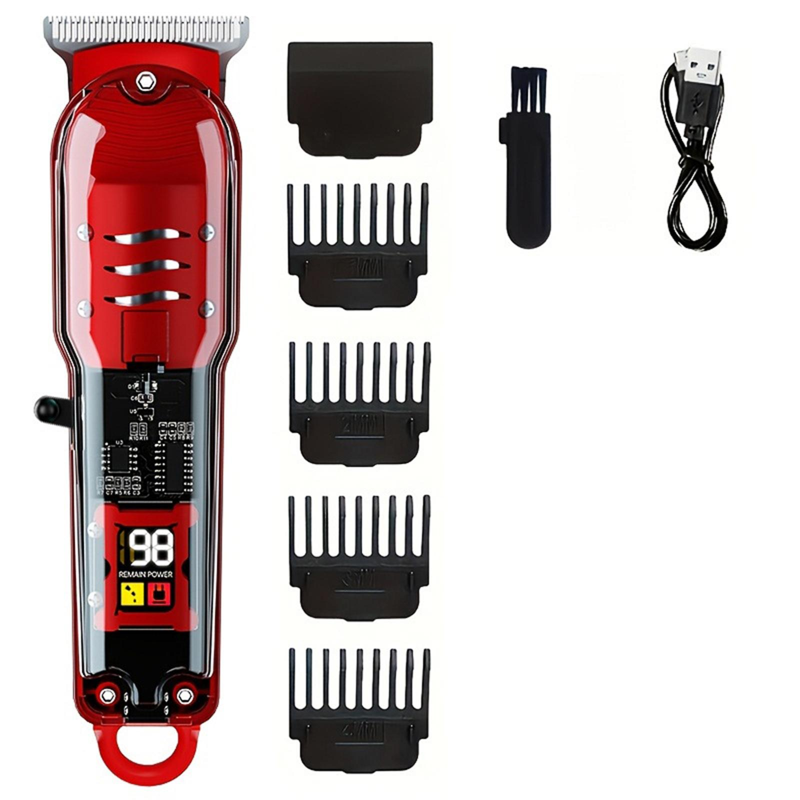 Roter Haarschneider mit Zubehör, einschließlich Aufsätze, Bürste und USB-Kabel.