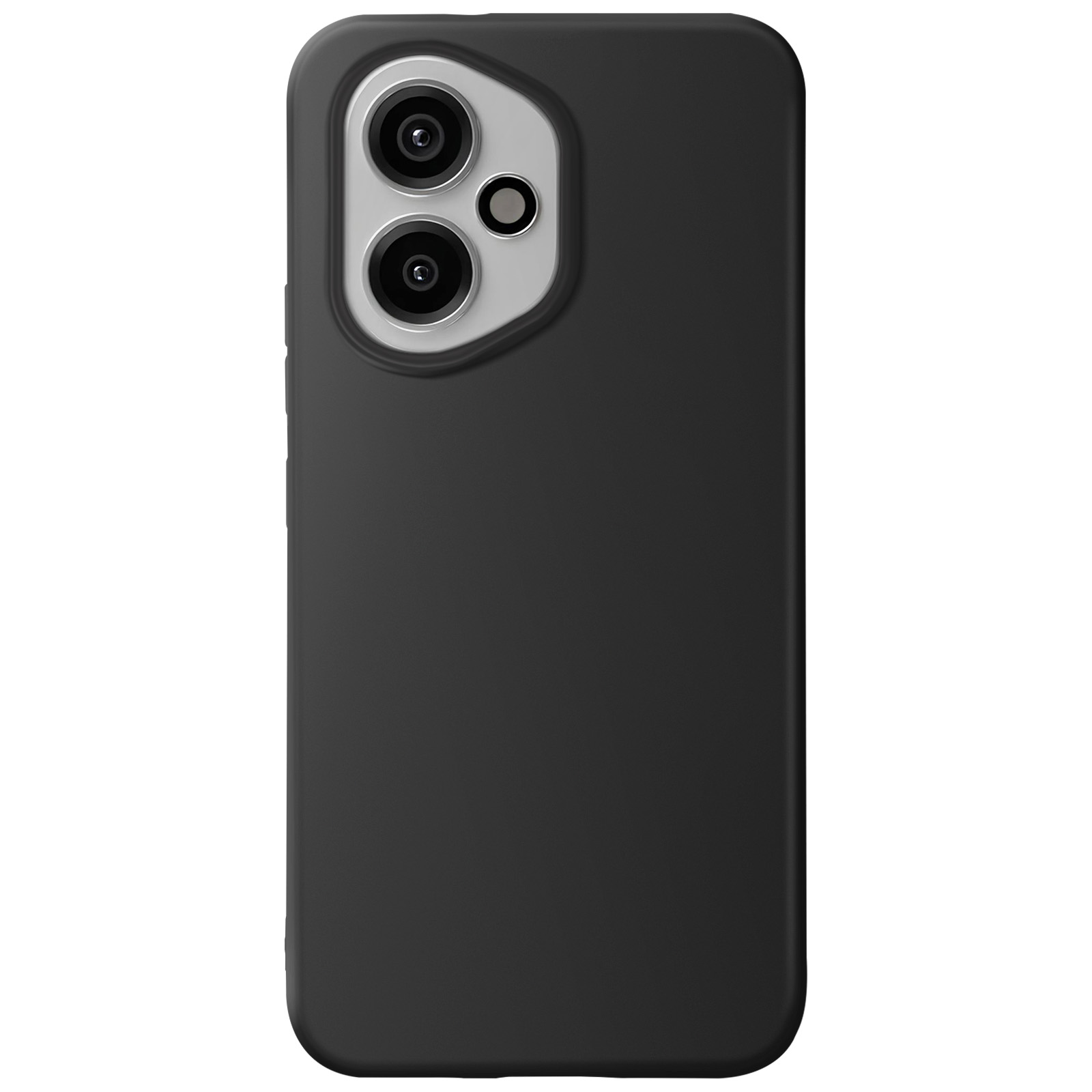 Custodia nera per telefono con una fotocamera. La custodia ha una superficie liscia e un foro per la fotocamera.