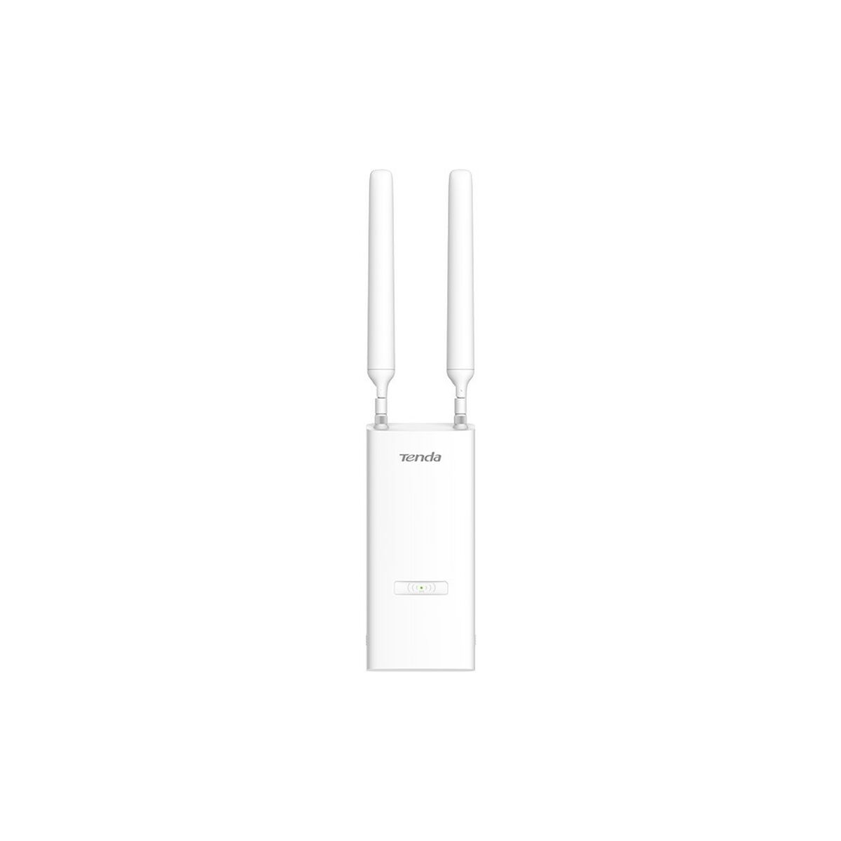 Ein weißer Tenda-Router mit zwei Antennen. Das Gerät ist rechteckig mit Logo und Statusanzeigen.