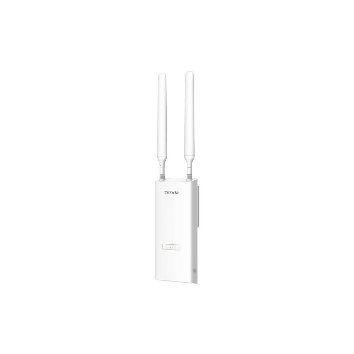 Ein weißer Router mit zwei Antennen. Das Gerät hat den Markennamen und Statusleuchten und ist an einer Wand montiert.