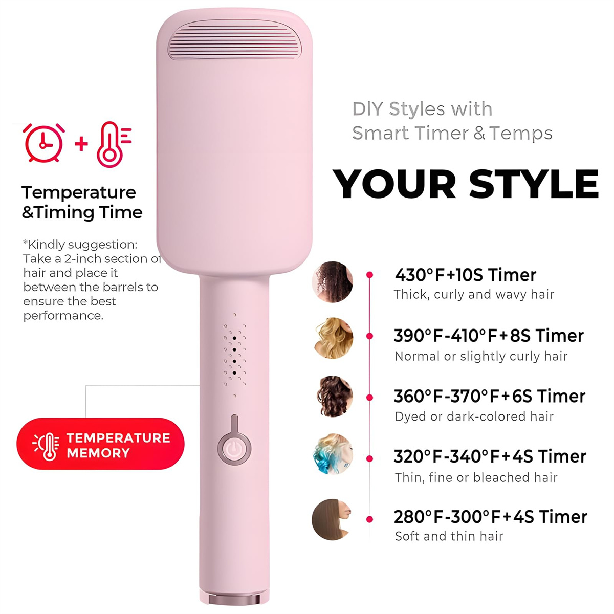 Rosa Haarglätter mit Text über Timer- und Temperatureinstellungen für verschiedene Haartypen.