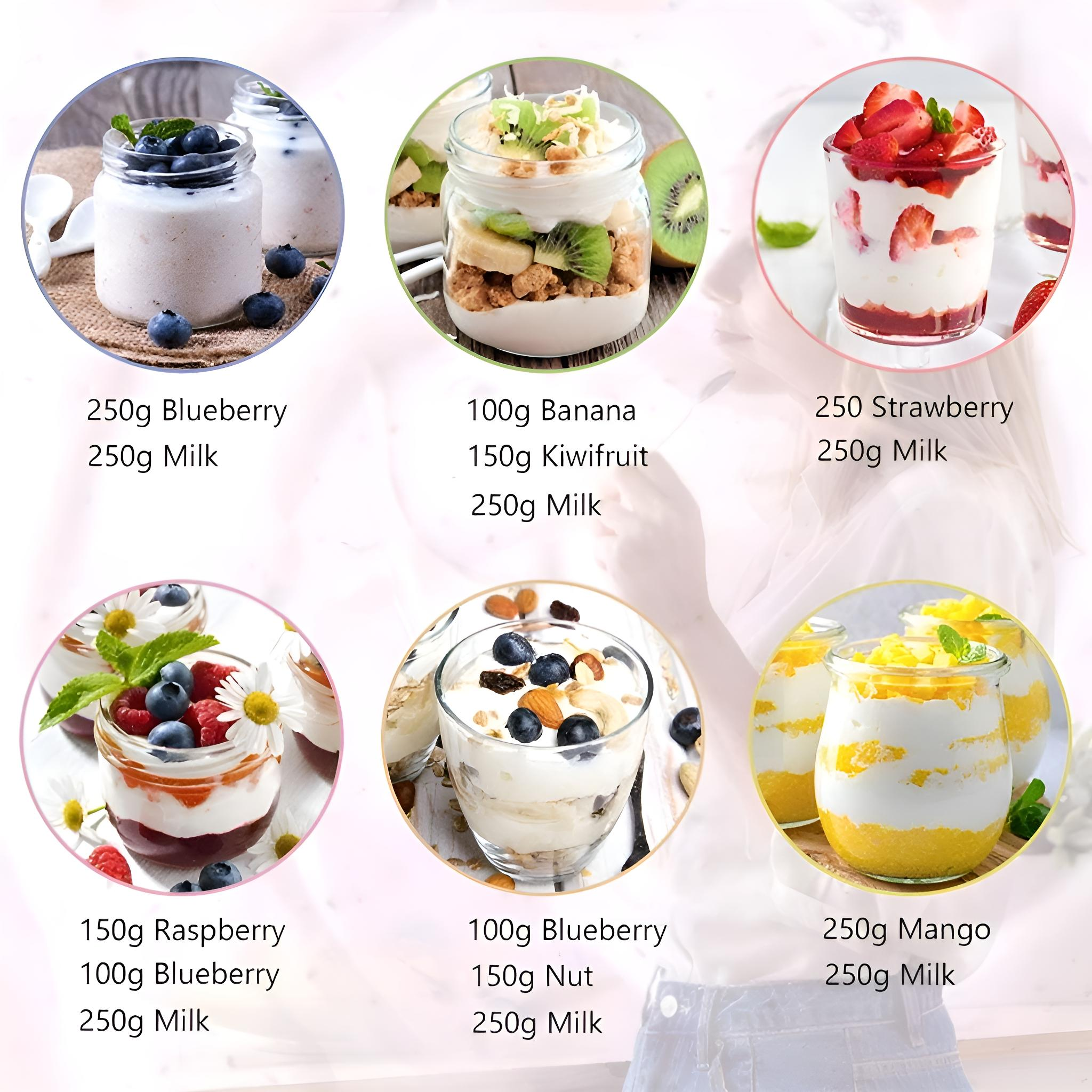 Sechs Gläser mit verschiedenen Joghurt-Toppings: Blaubeeren, Banane, Erdbeeren, Himbeeren, Nüsse und Mango.