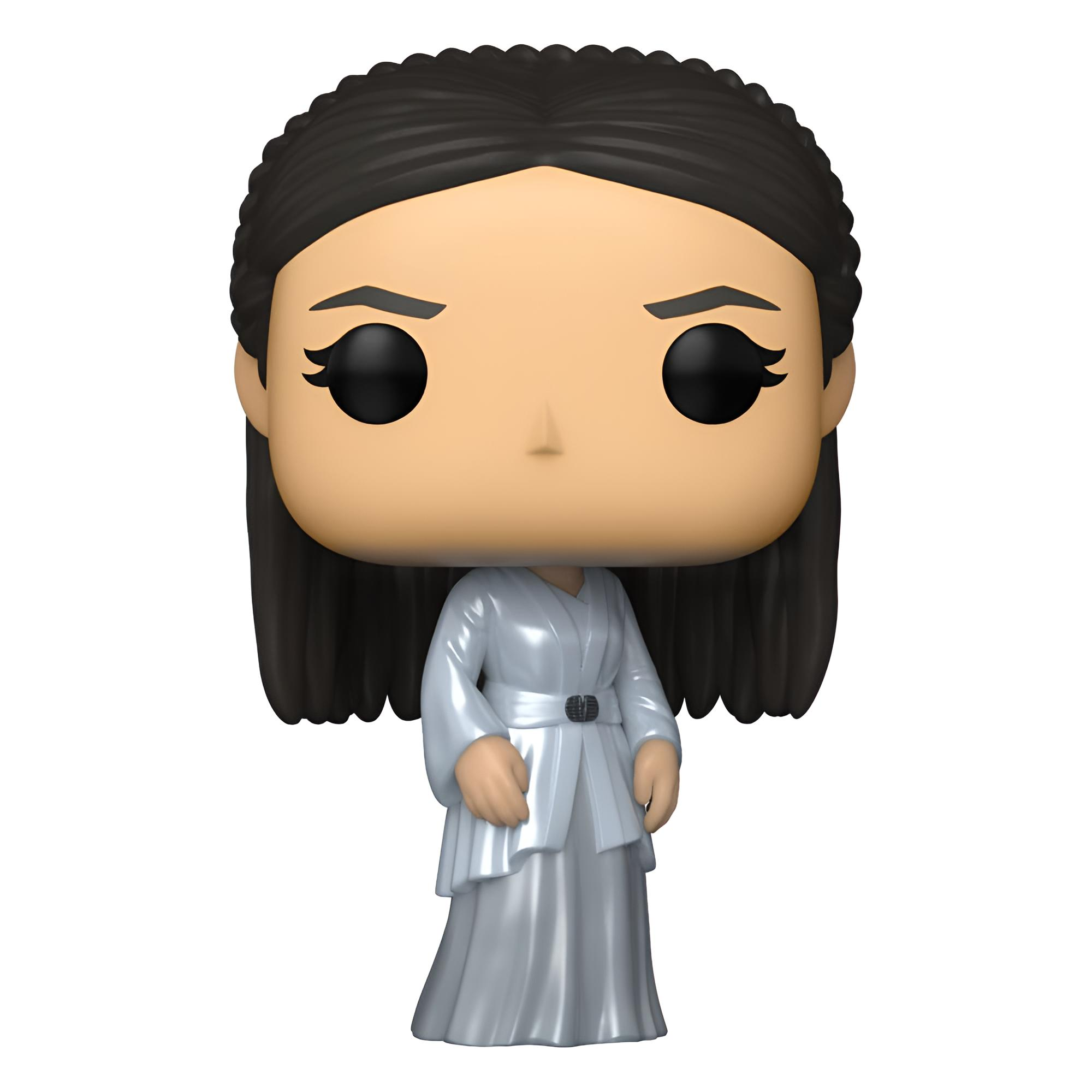 Una figura Funko Pop de Mysaria de La Casa del Dragón, de pie, con un vestido plateado.