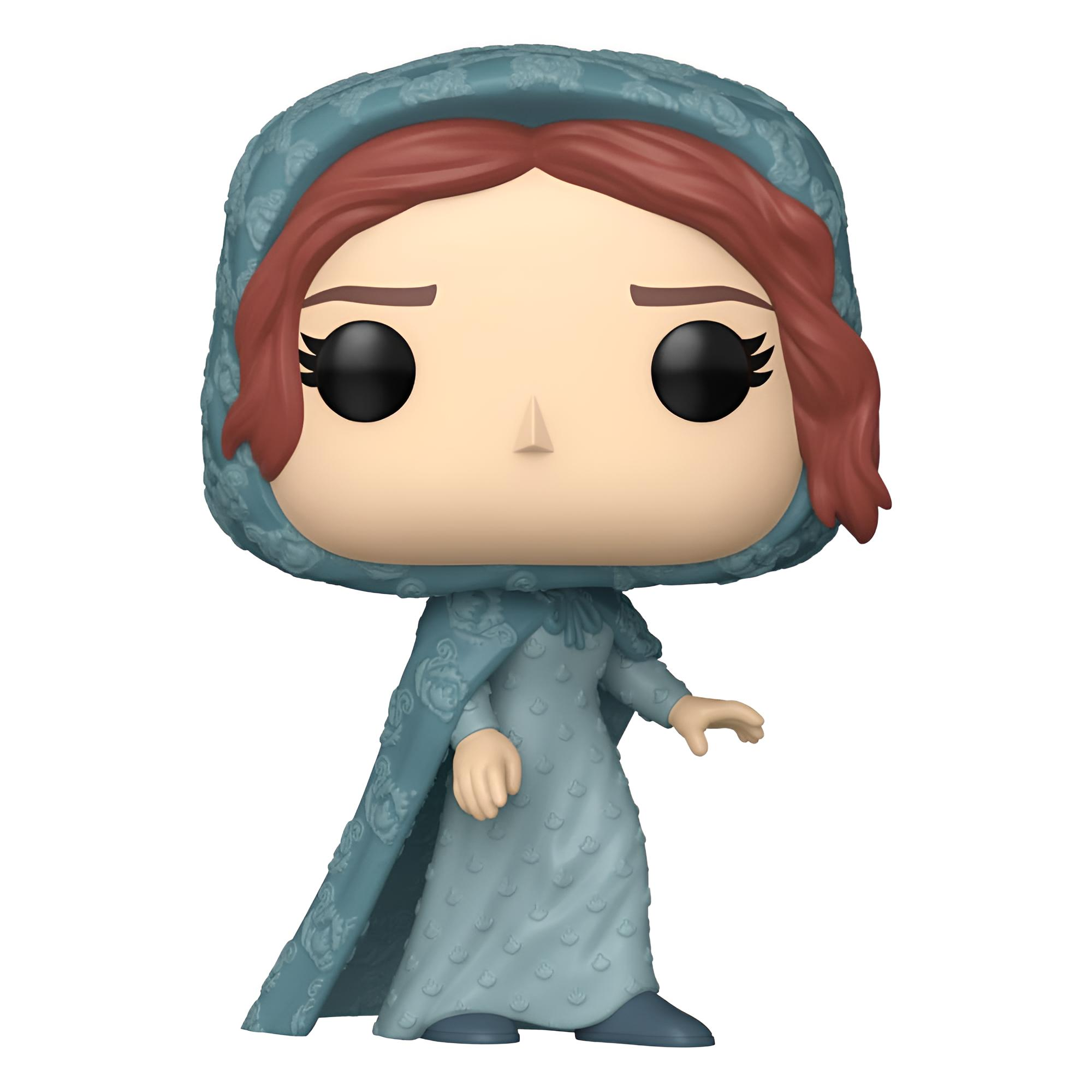 Una figura Funko Pop de una mujer con un vestido y capucha azules, de pie con una pose.