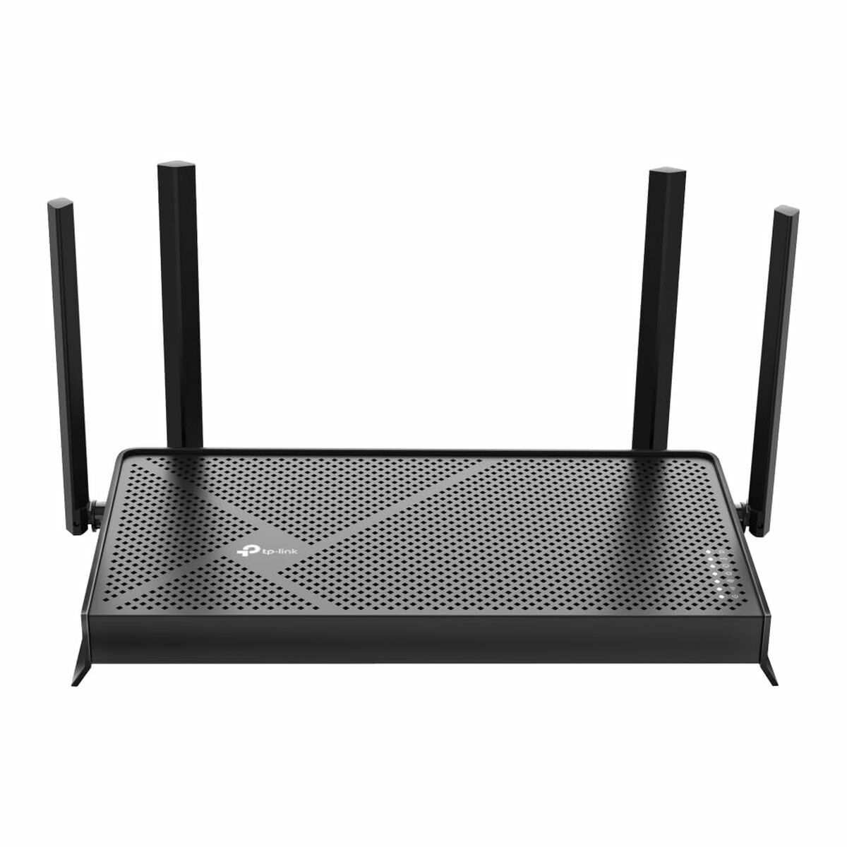 Schwarzer Router mit Antennen, leicht angewinkelt betrachtet.