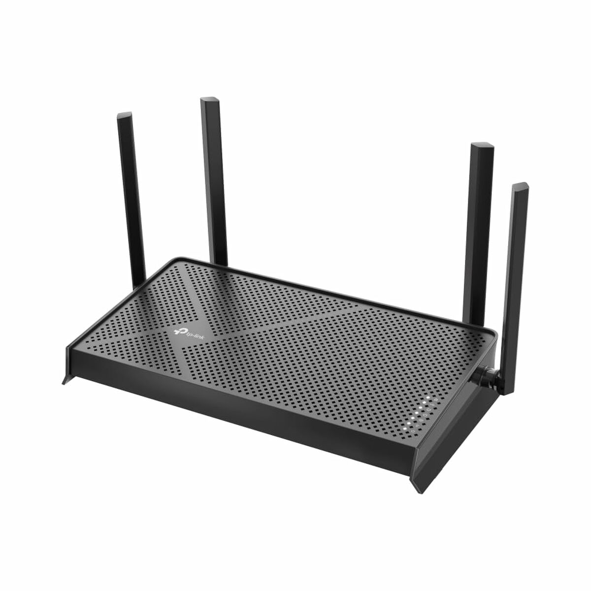 Schwarzer Router mit Antennen, von unten betrachtet.