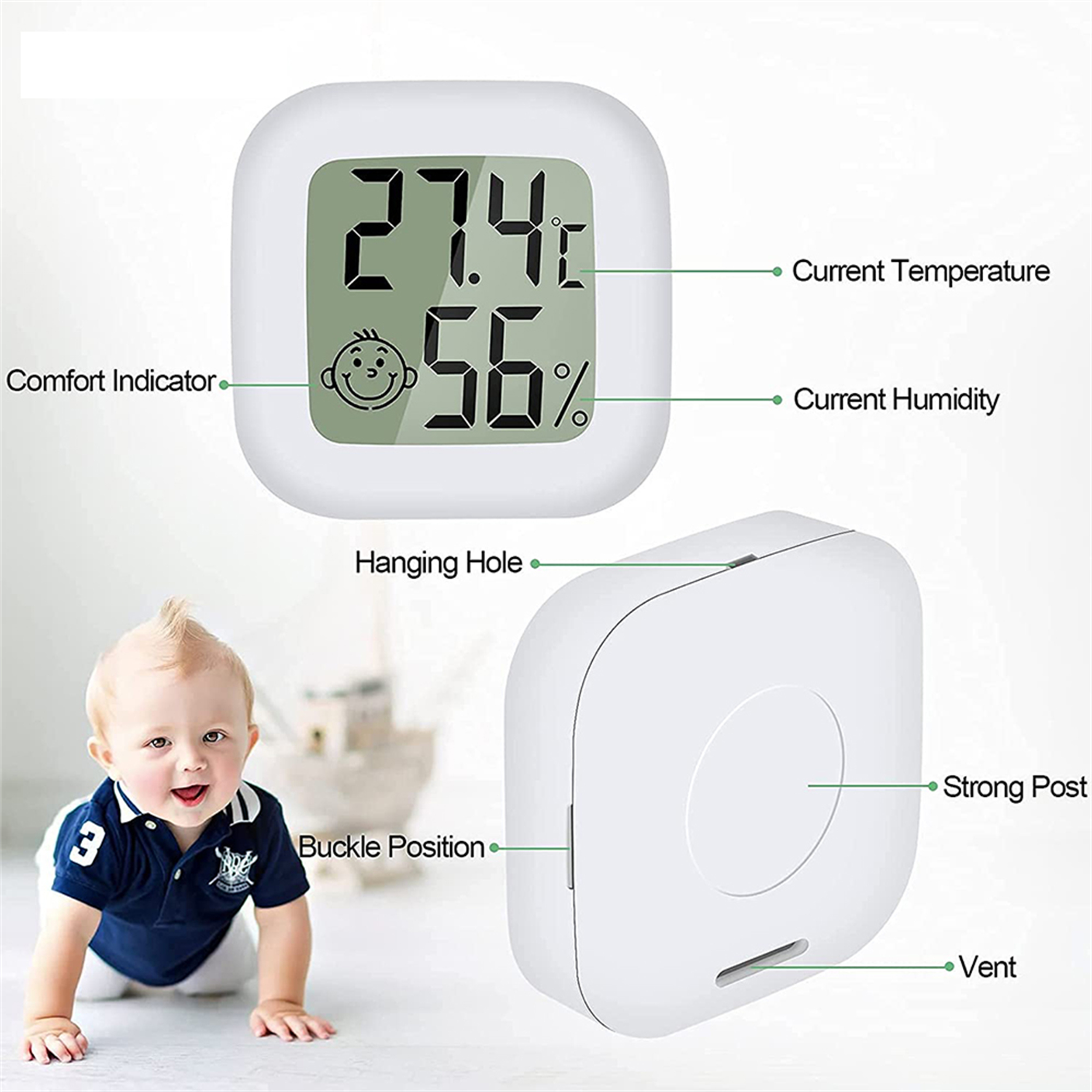 Ein Baby mit Temperatur- und Feuchtigkeitsmonitor und ein Diagramm der Komfortniveaus.