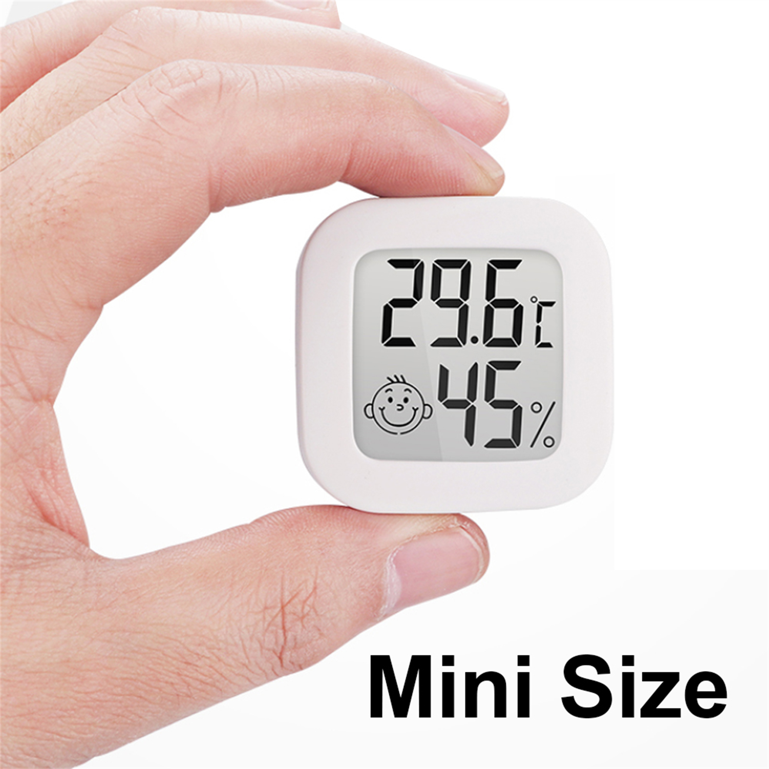 Ein weißes Mini-Thermometer in einer Hand, zeigt 29,6°C und 45% Luftfeuchtigkeit. Schwarzer Text.