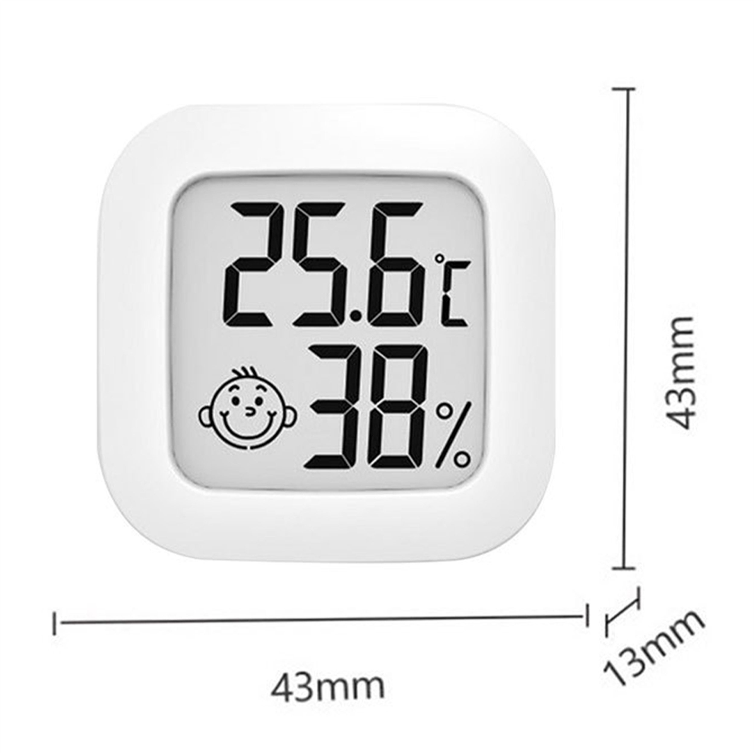 Ein weißes quadratisches Thermometer mit digitaler Anzeige von Temperatur und Luftfeuchtigkeit, mit Maßangaben.