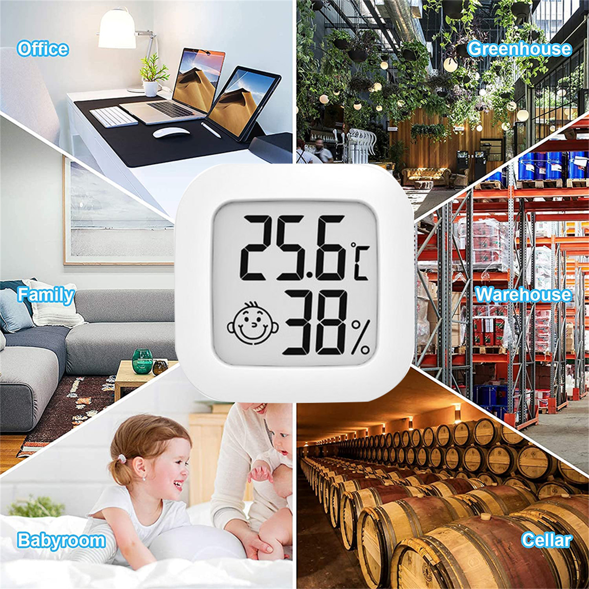 Ein weißes Thermometer zeigt 25,6°C und 38%. Es ist umgeben von Szenen wie Büro, Gewächshaus usw.