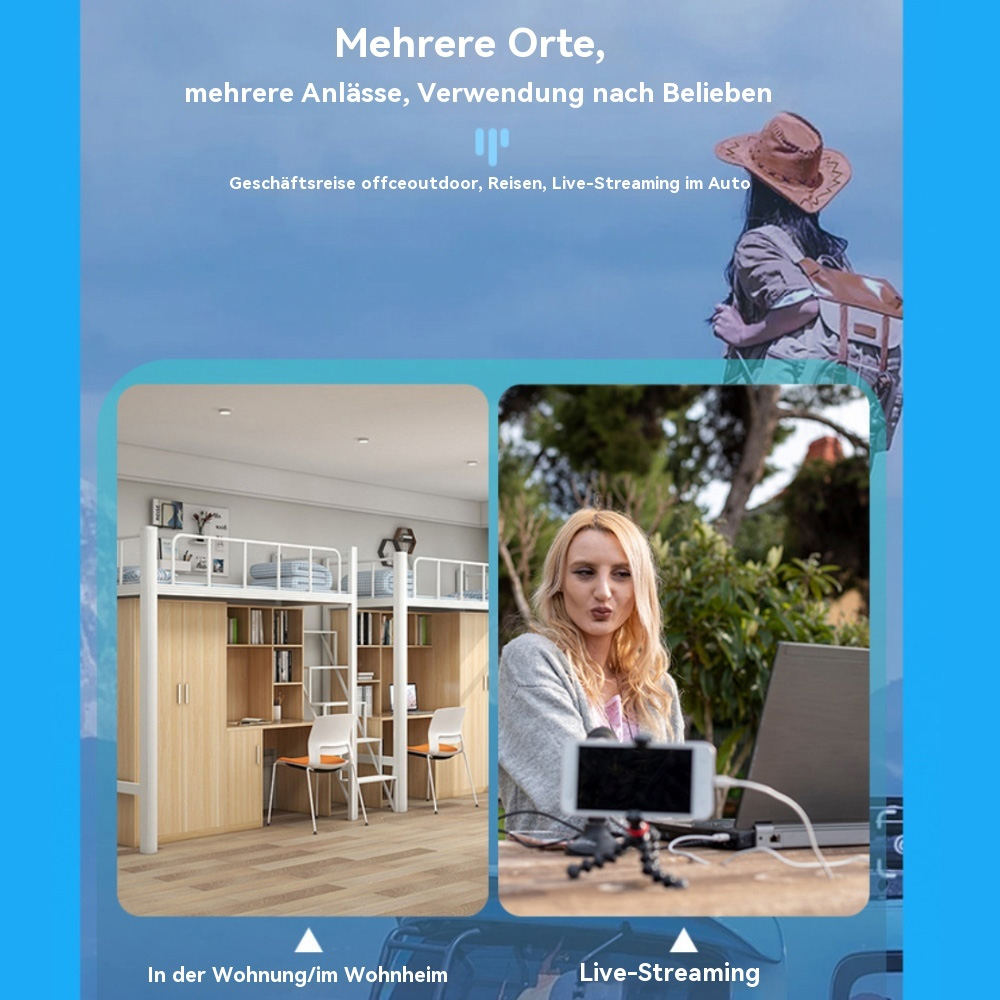 Zwei Fotos in einem blauen Rahmen. Eines ist ein Zimmer mit Etagenbett, das andere streamt eine Person.