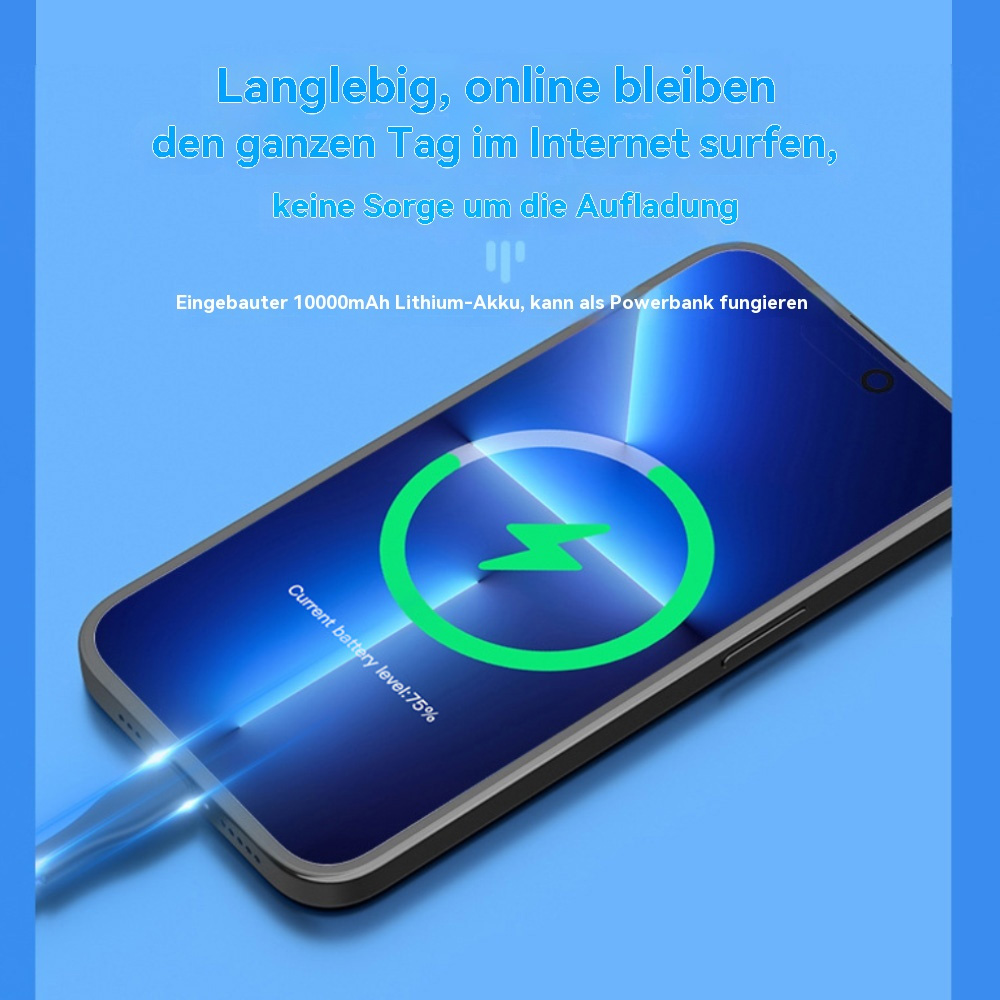 Ein Telefon, das lädt, zeigt 75 % Akku. Blauer Hintergrund mit Text über Online-Bleiben.