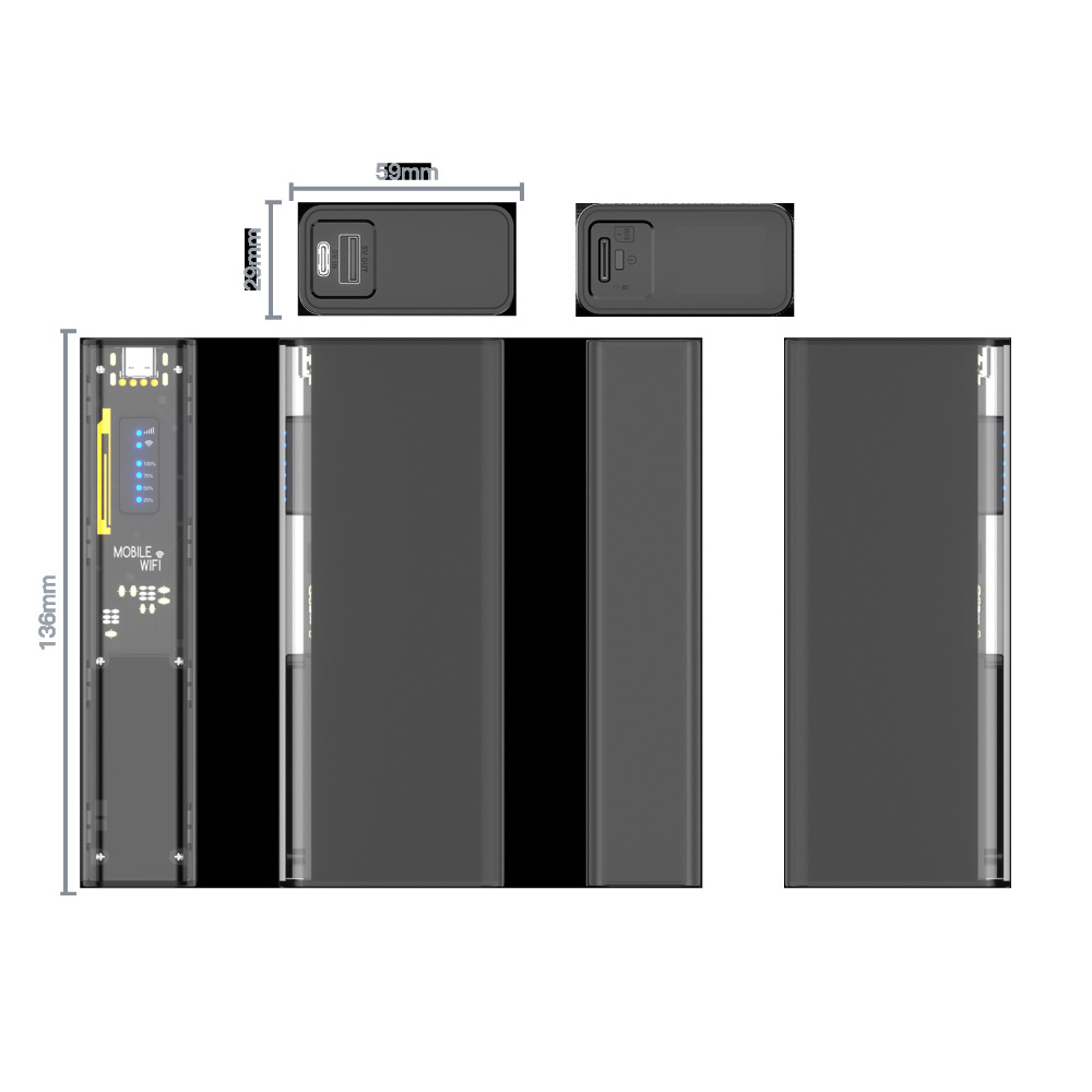 Diagramm einer schwarzen Powerbank. Abmessungen und Ansichten des Geräts, einschließlich Seiten- und Draufsicht.