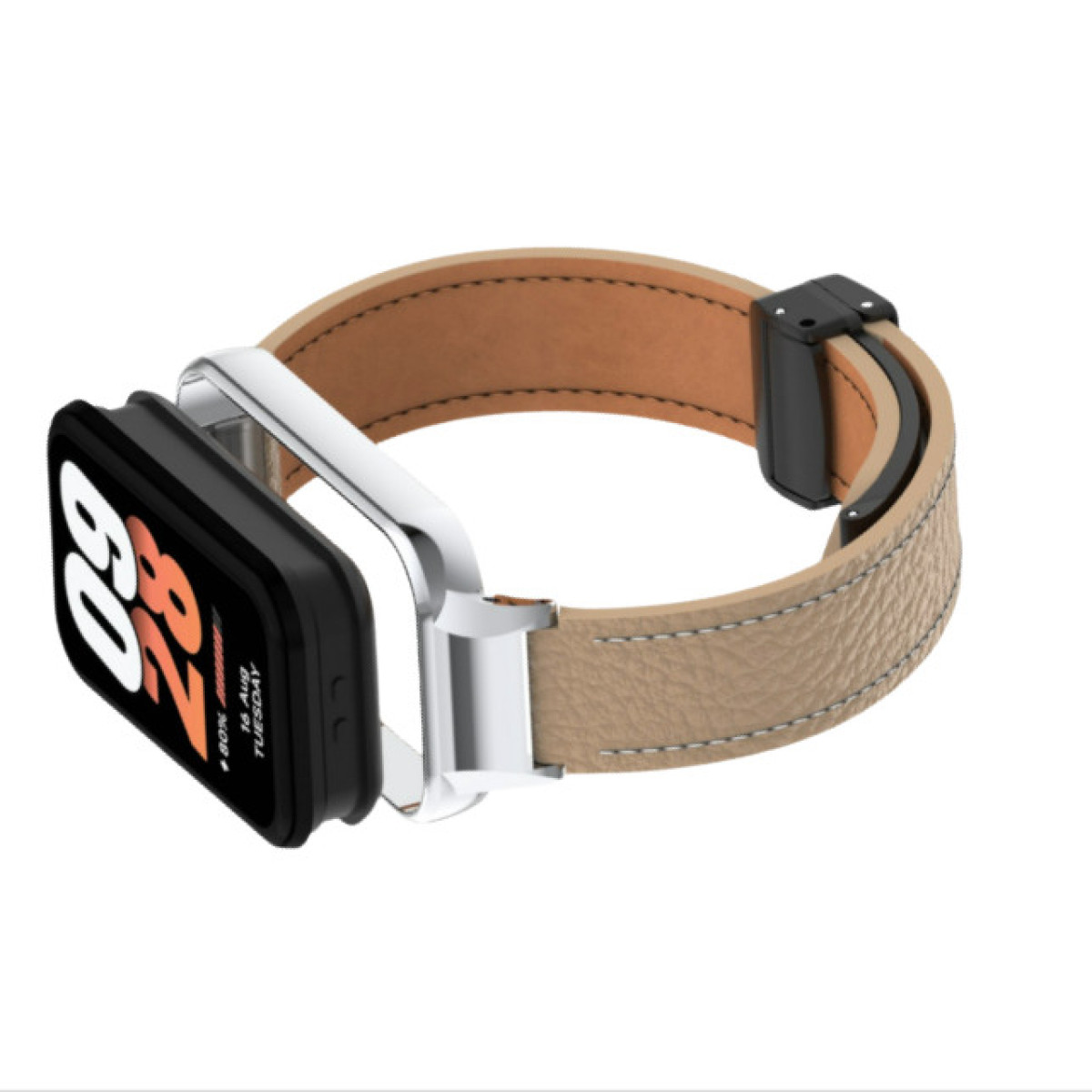 Smartwatch mit schwarzem Bildschirm, der Datum und Uhrzeit anzeigt. Silberner Rahmen, hellbraunes Armband. Schrägansicht.