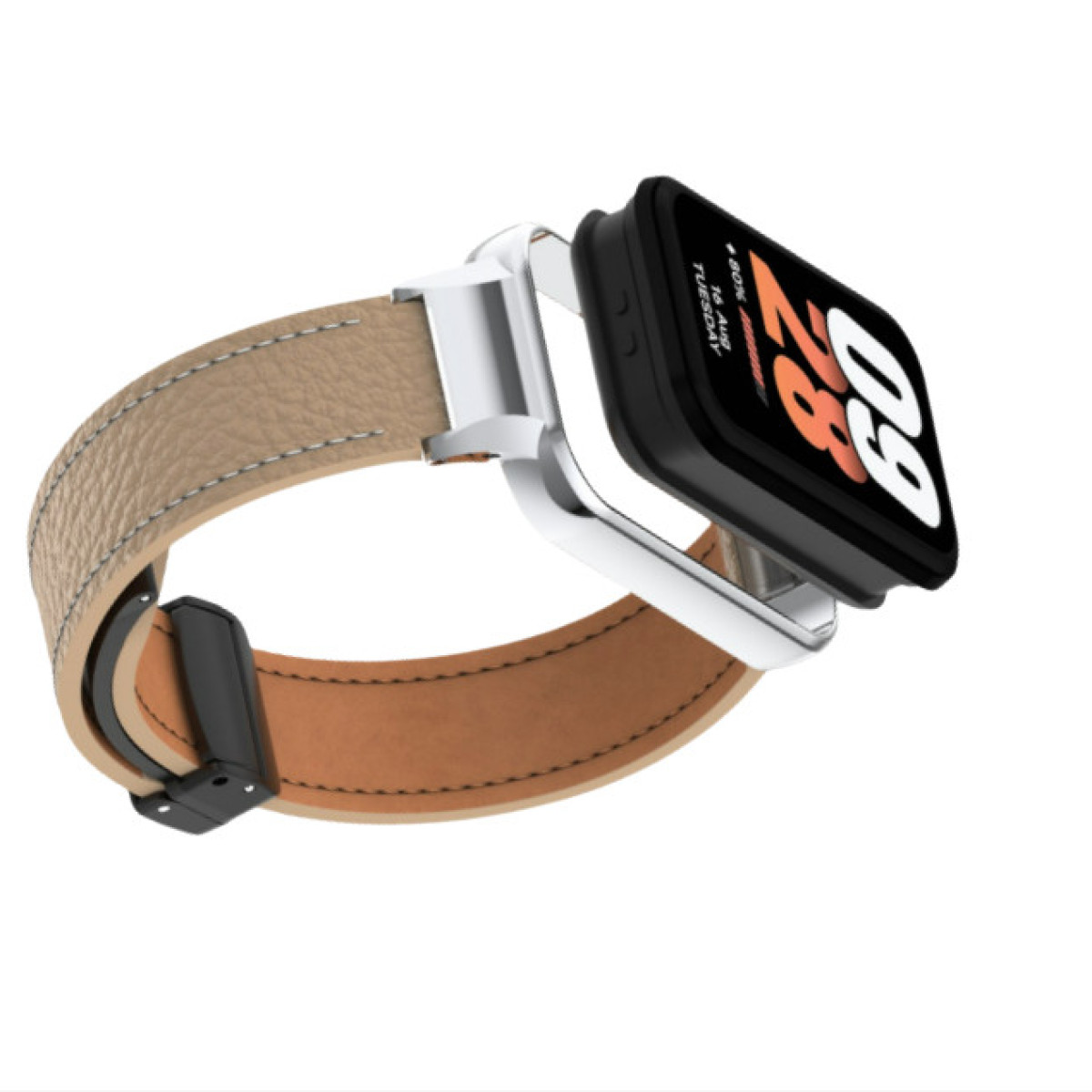 Smartwatch mit schwarzem quadratischem Zifferblatt und beigem Lederarmband mit Metallverschluss. Die Uhr zeigt die Zeit.