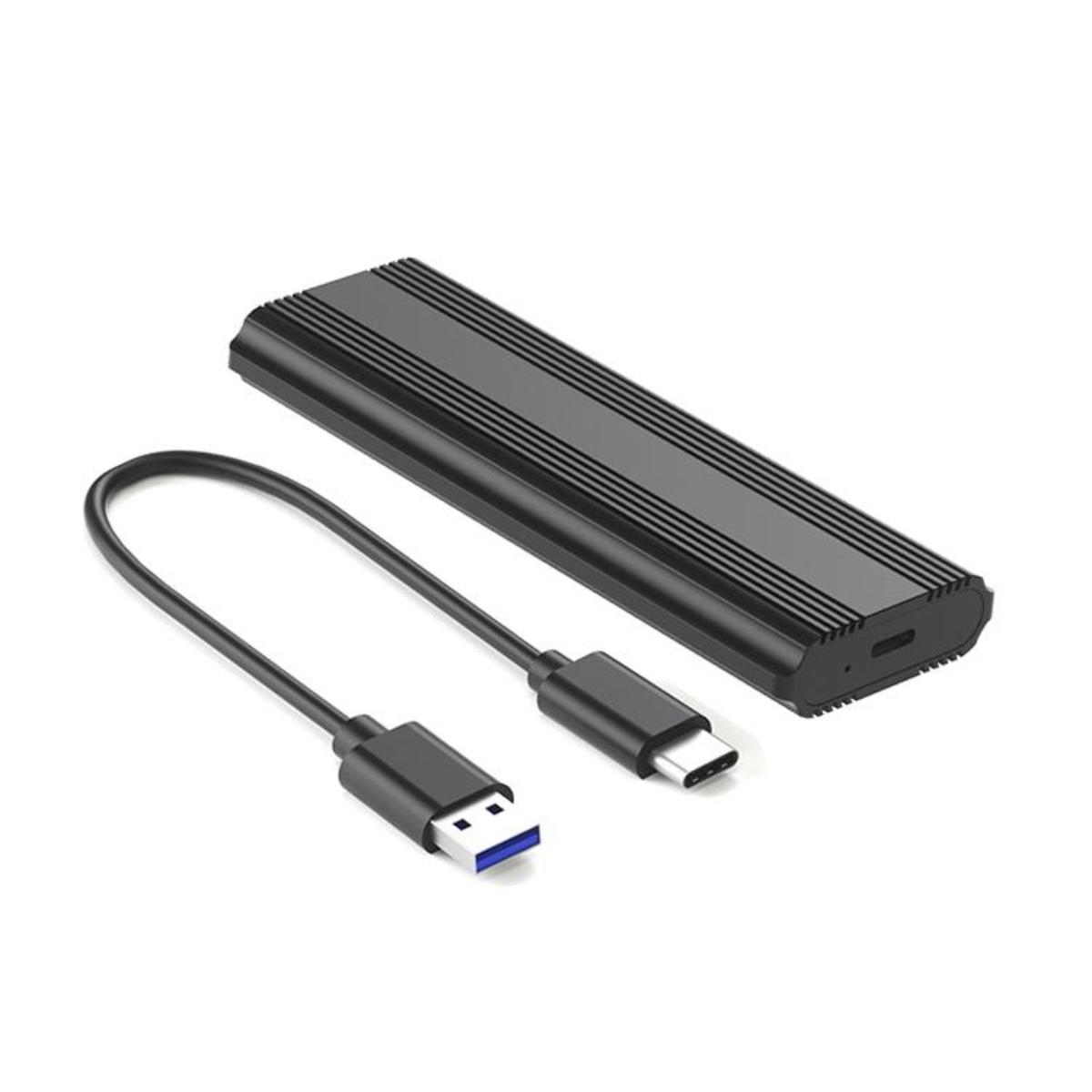 Schwarze, rechteckige externe Festplatte mit USB- und USB-C-Kabel auf weißer Oberfläche.