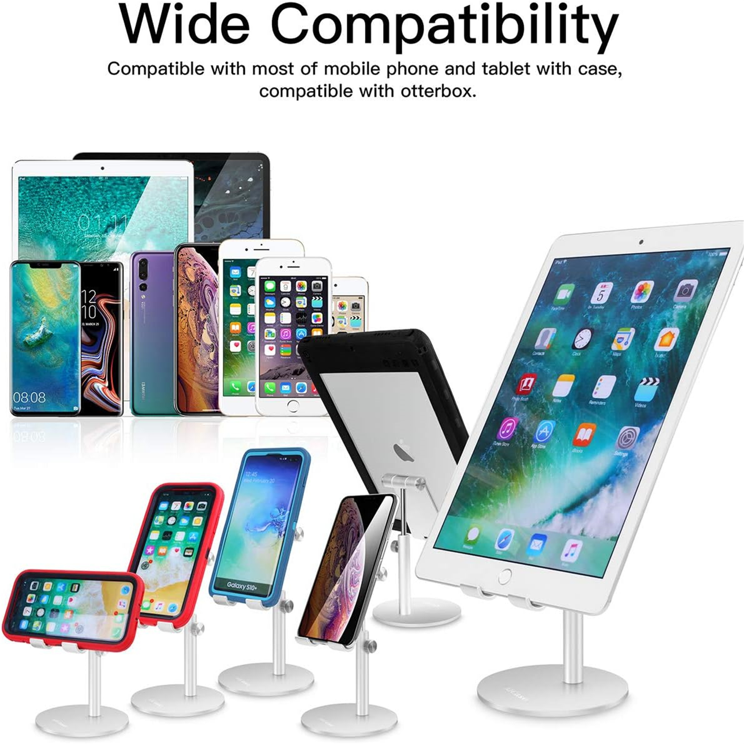Mehrere Smartphones und Tablets auf Ständern, mit dem Text 'Wide Compatibility' darüber.