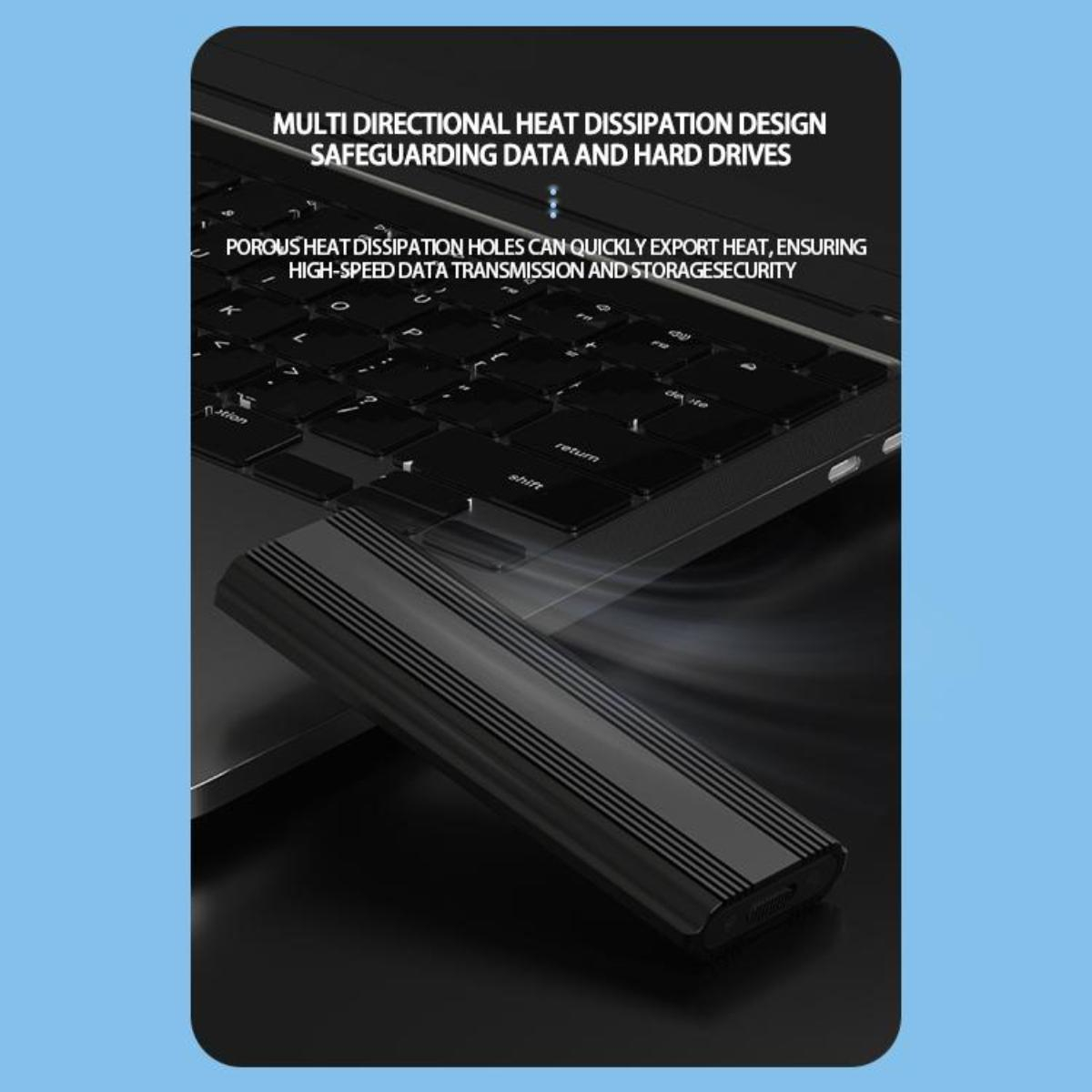 Ein schwarzes, metallisches Gerät auf einer Laptop-Tastatur mit Text zur Wärmeableitung.