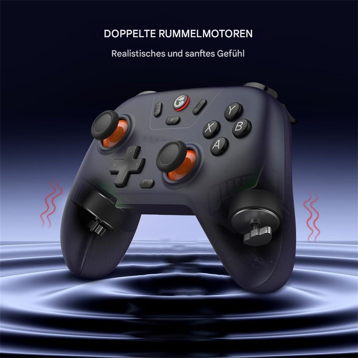 Ein schwarzer Controller mit orangefarbenen Akzenten, der Knöpfe und Joysticks zeigt, mit Text darüber.