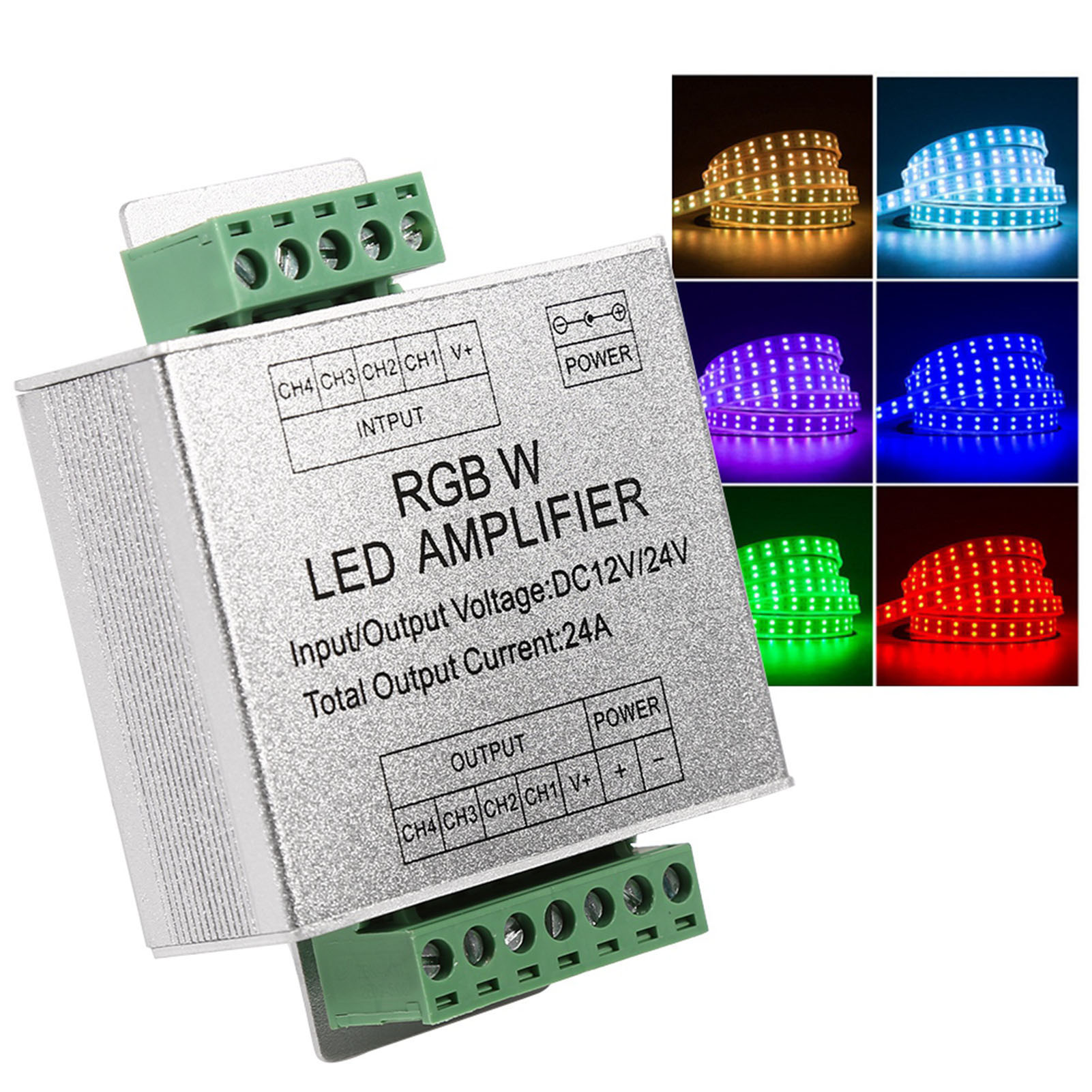 LED-RGB-Verstärker mit verschiedenen farbigen LED-Streifen. Auch der Verstärker ist im Bild zu sehen.