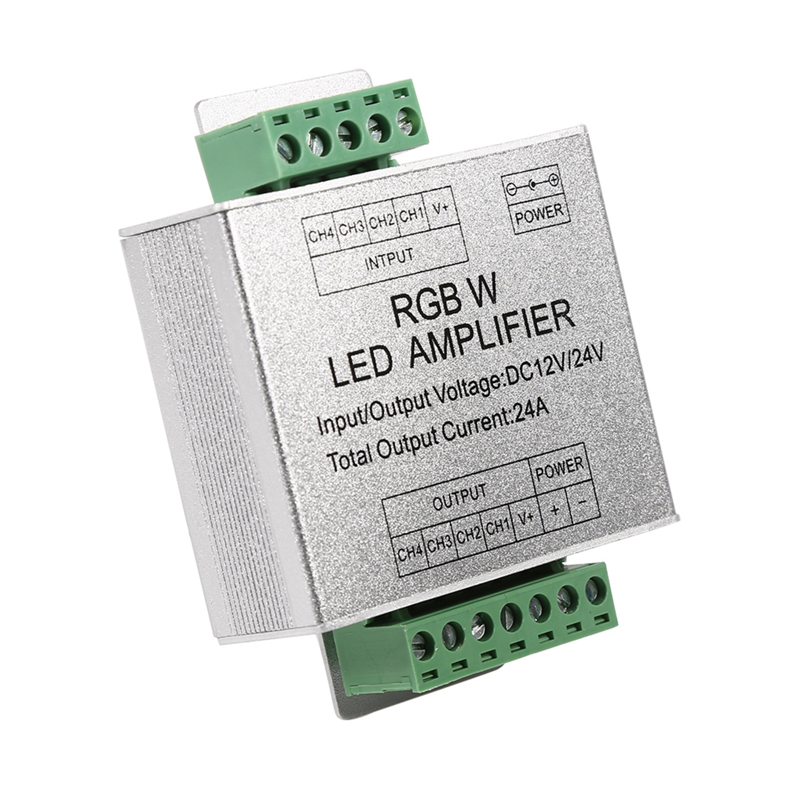 LED-RGB-Verstärker. Das Objekt wird in Nahaufnahme mit grünen Anschlüssen gezeigt.