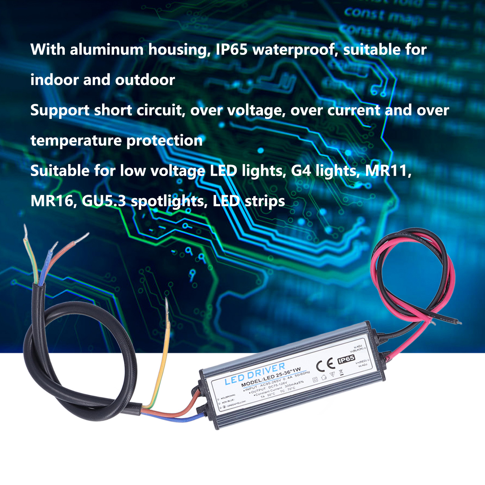 LED-Treiber mit Text über seine Eigenschaften. Der Hintergrund hat ein blaues und grünes Schaltungsdesign.
