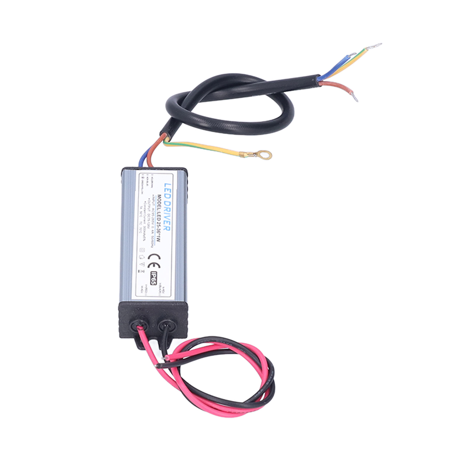LED-Treiber, elektronisches Bauteil mit Drähten. Hat einen rechteckigen, silbernen Körper. Drähte sind verbunden.